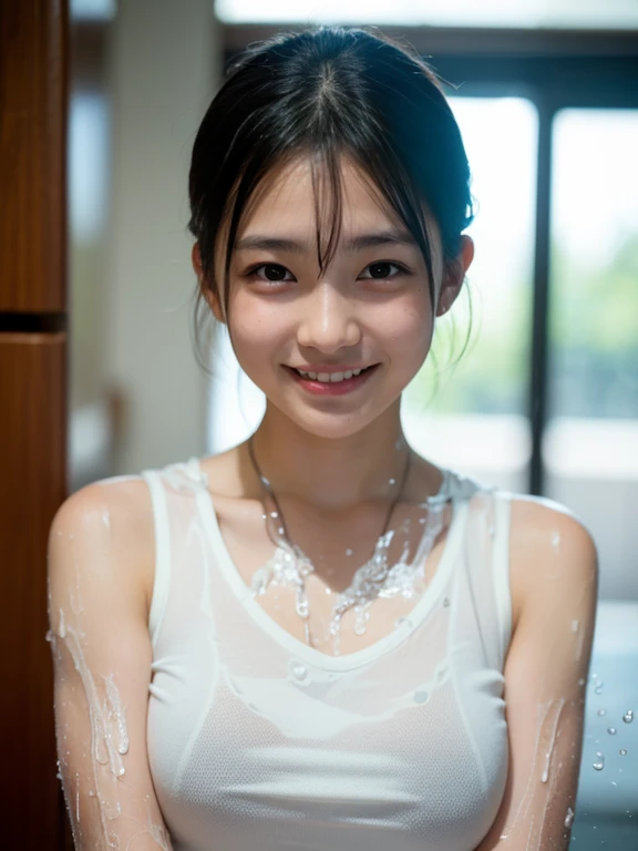 (Highest quality, 4K, 8k, High resolution, masterpiece:1.2), Very detailed, (Realistic, photoRealistic, photo-Realistic:1.37)、smile、Japanese、(Navy blue high neck sleeveless shirt)、(((Bukkake)))、Lips parted,