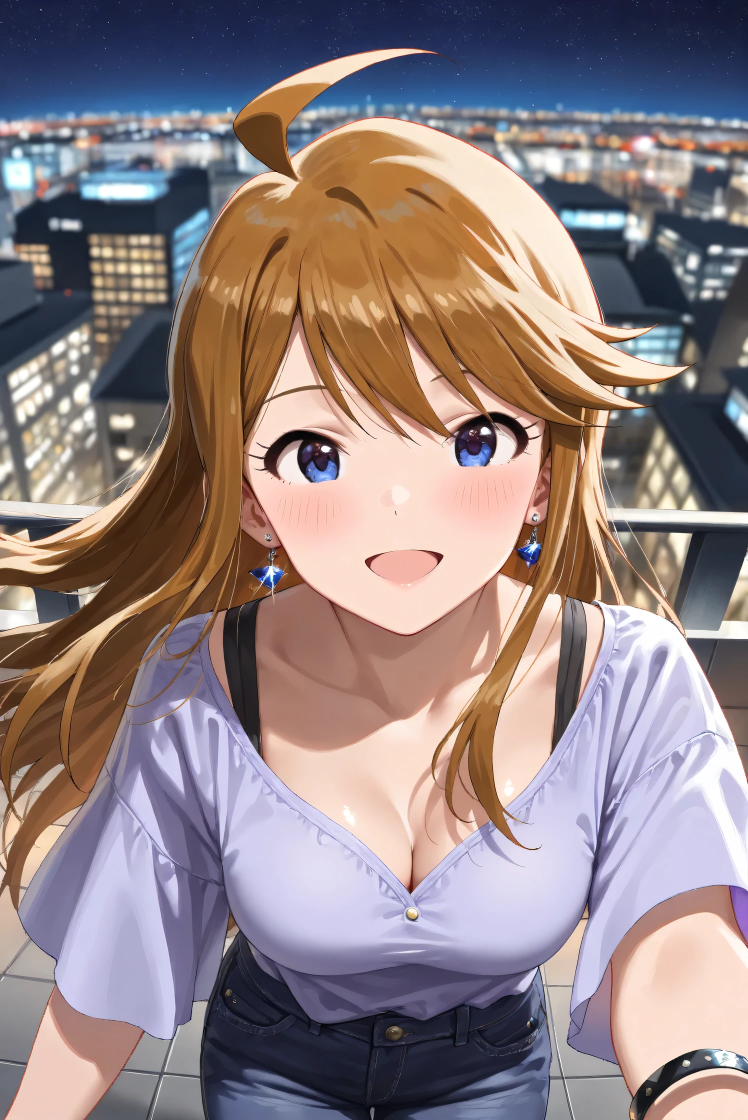 (Masterpiece), (Highest quality), (Very detailed),
(The best shape), (Best Shadow), (Absurd),
(Detailed background), (So beautiful), (Shiny),
(Extraordinary), (Countershading), (8k), (32K),
(High resolution), (Very Detailed CG), (UHD),
(Score_9), (Score_8_up), (Score_7_up),
(Source_anime), (Pastel painting:1.2),
(Watercolor painting:1.2),(Masterpiece, Detailed:1.2), (Foreshortening:1.2),
(Cinematic), (Dramatic), (Depth of field:1.4),
(Blurry background:1.4), (Realistic background:1.4),
(Dynamic angle), (1 girl),
(Outdoor), (Wind), (Japan), (Big city), (Night),
(Night view), (starry sky), (Rooftop),
(Casual wear:1.3),
(black underwear),
(Vneck shirt), (Lilac shirt), (big shirt),
(medium sleeves shirt:0.8), (Shirt hem),
(purple short denim:1.2),
(one bracelet), (Earrings),
(Portrait), (Focus on face), (Close up shot),
(Blush:1.3), (Happy), (Smile),
(parted lips), (open mouth),
(Realistic skin), (Shiny skin),
(Tokoro Megumi),
(The idolmaster million live!),
(t0kor0), (medium breasts), (blue eyes), (brown hair), (swept bangs), (sidelocks), (ahoge), (long hair),