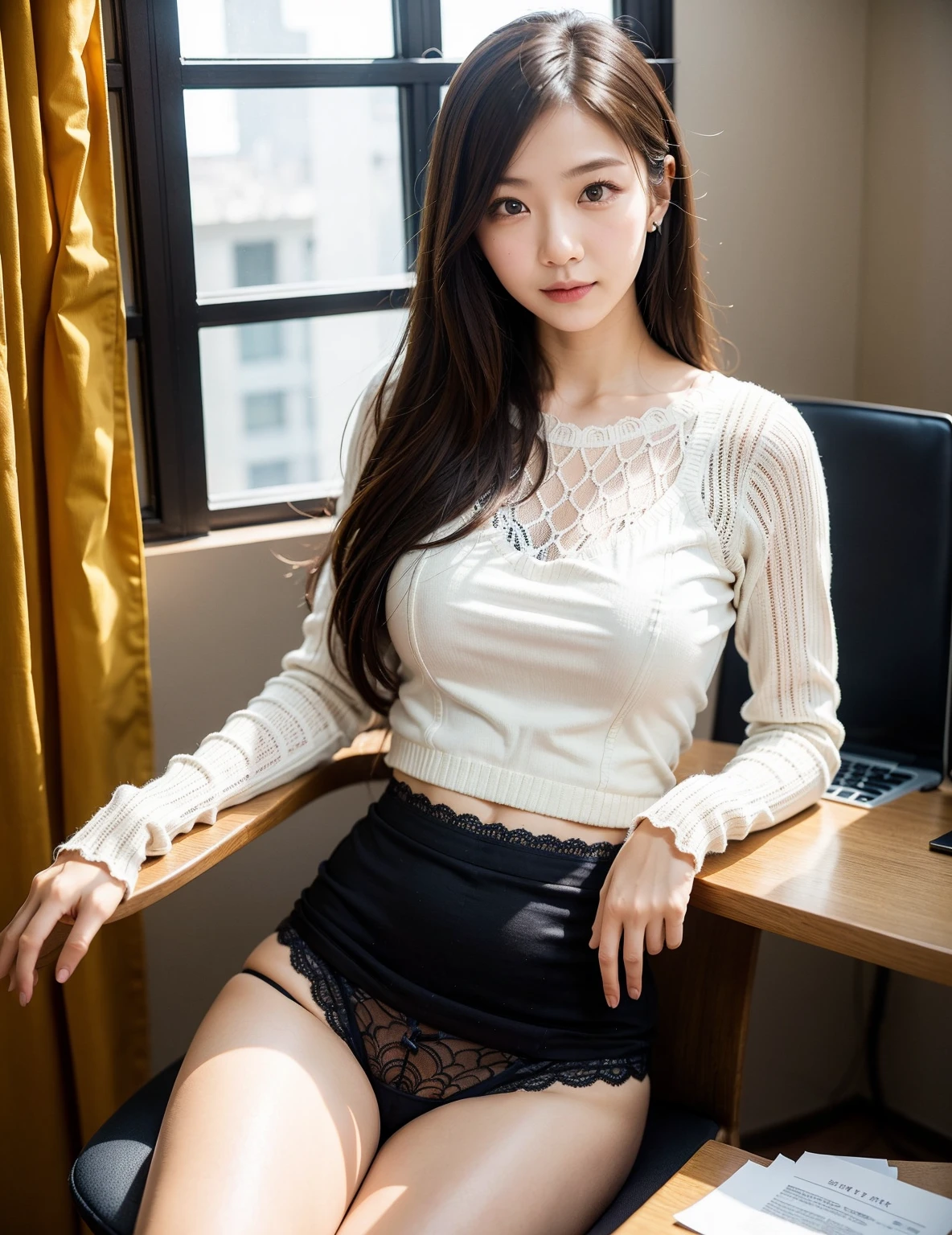 ((highest quality、8k、masterpiece:1.3))、Sharp focus:1.2、From the knee up、Beautiful woman with perfect style:1.4、Slim Abs:1.2、stockings、Garter stockings、(Natural soft light)、Skin Texture、