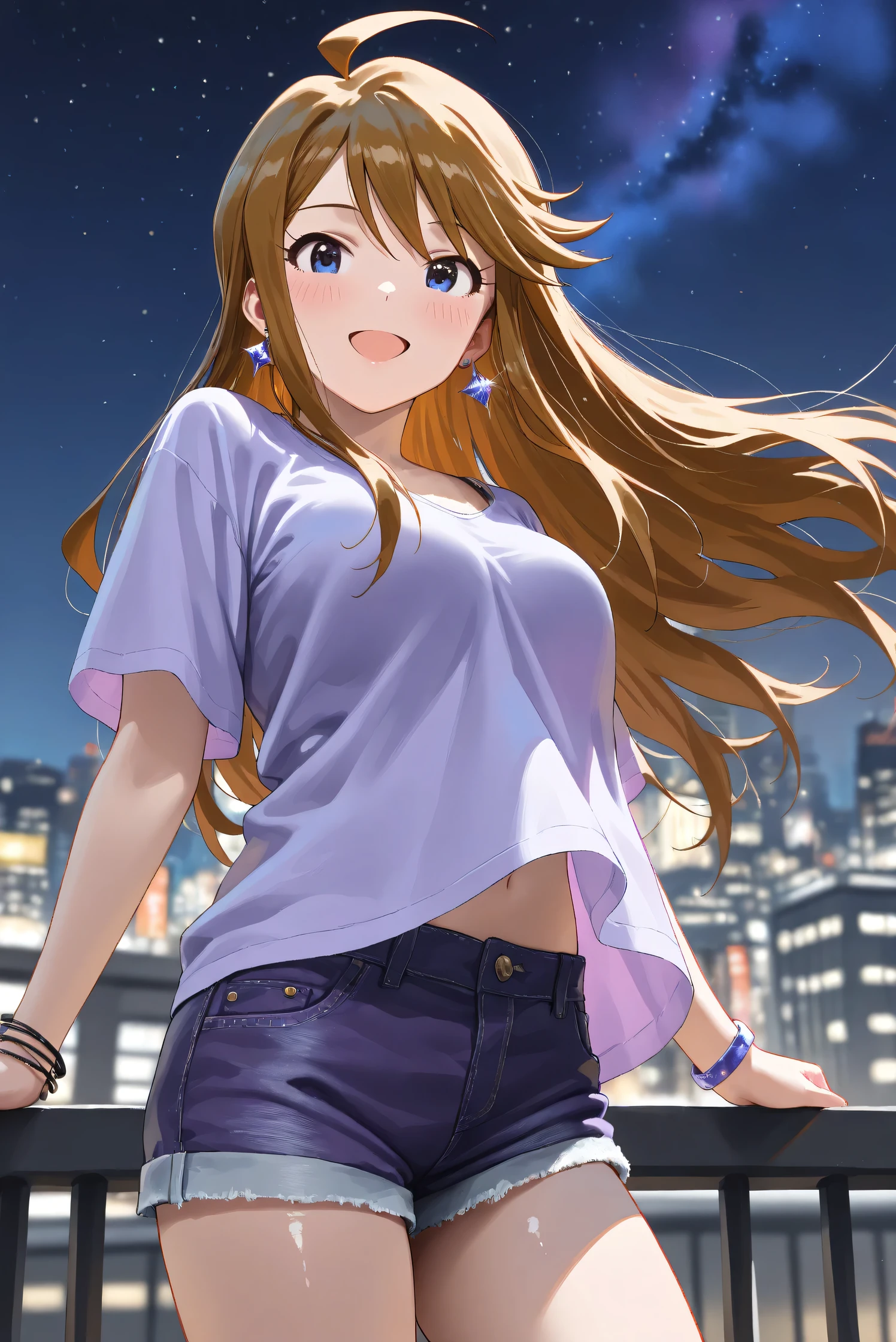 (Masterpiece), (Highest quality), (Very detailed),
(The best shape), (Best Shadow), (Absurd),
(Detailed background), (So beautiful), (Shiny),
(Extraordinary), (Countershading), (8k), (32K),
(High resolution), (Very Detailed CG), (UHD),
(Score_9), (Score_8_up), (Score_7_up),
(Source_anime), (Pastel painting:1.2),
(Watercolor painting:1.2),(Masterpiece, Detailed:1.2), (Foreshortening:1.2),
(Cinematic), (Dramatic), (Depth of field:1.4),
(Blurry background:1.4), (Realistic background:1.4),
(Dynamic angle), (1 girl),
(Outdoor), (Wind), (Japan), (Big city), (Night),
(Night view), (starry sky), (Rooftop),
(Casual wear:1.3),
(black underwear),
(Vneck shirt), (Lilac shirt), (big shirt),
(medium sleeves shirt:0.8), (Shirt hem),
(purple short denim:1.2),
(one bracelet), (Earrings),
(Portrait), (from below),
(Focus on face), (Close up shot),
(Blush:1.3), (Happy), (Smile),
(parted lips), (open mouth),
(Realistic skin), (Shiny skin),
(Tokoro Megumi),
(The idolmaster million live!),
(t0kor0), (medium breasts), (blue eyes), (brown hair), (swept bangs), (sidelocks), (ahoge), (long hair),