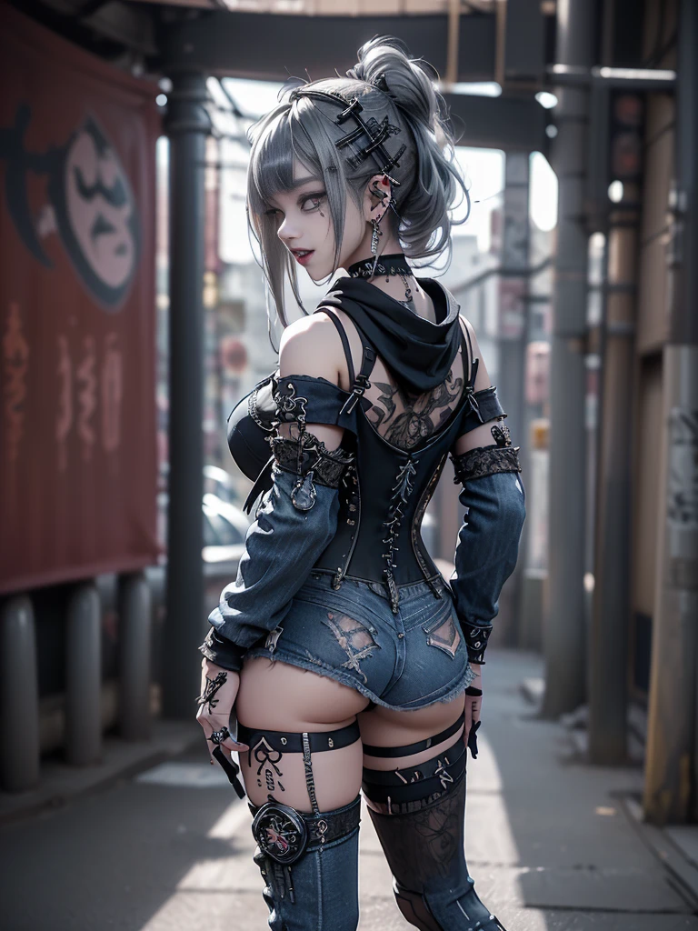 (Back view:1.4)、(Wearing a thong:1.4)、(Accentuate your butt:1.3)、(Smiling with teeth showing:1.3),(Shibuya Gal:1.5)、(Neo-goth style fashion:1.5)、(Punk RockVisual Kei:1.4)、(A high-leg bodysuit with a delicate design in denim, light blue and moss green.:1.5)、(Denim, khaki gloves and sailor shirt:1.5)、(Denim high heels:1.3)、(Wearing silver accessories:1.5)、(Denim collar:1.4)、(Black Leather Garter Belt:1.4)、(Brown Skin Belt:1.3)、(Black lace underwear:1.5)、20-year-old、NSFW、((Highest quality、In 8K、masterpiece:1.3))、Sharp focus:1.2、(Layered Cut、Huge boobs:1.1),Beautiful woman with perfect figure:1.4、(Dancing vigorously:1.3)、Slender Abs:1.2、Highly detailed face and skin texture、Detailed eyes、double eyelid,(Twin tails:1.3)、(Cream colored hair:1.3)、Gravure idol、(The Caribbean cityscape in the background:1.3)、(Slim body:1.3),(Make your legs thinner:1.4),(clavicle:1.1)