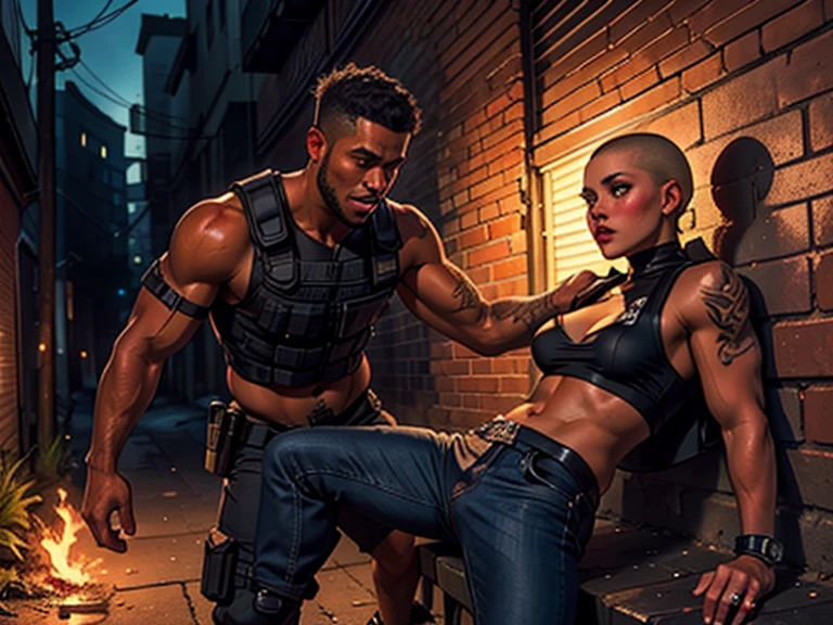 modern day, dramatic comic book art, a female gangmember, tall, strong, platinum blond, mid 30s, angular features, angular facial features, square jaw, strong jaw, confident. she wears a torn jean jacket over a sports bra, torn jeans, dew rag. cobra tattoo on arm. leaning back, leaning against a building, brick wall, outside, city street, dirty wall, boarded windows, graffiti, night time, wet street, lamp light, biker gang, a group of men nearby, surrounded by bikers