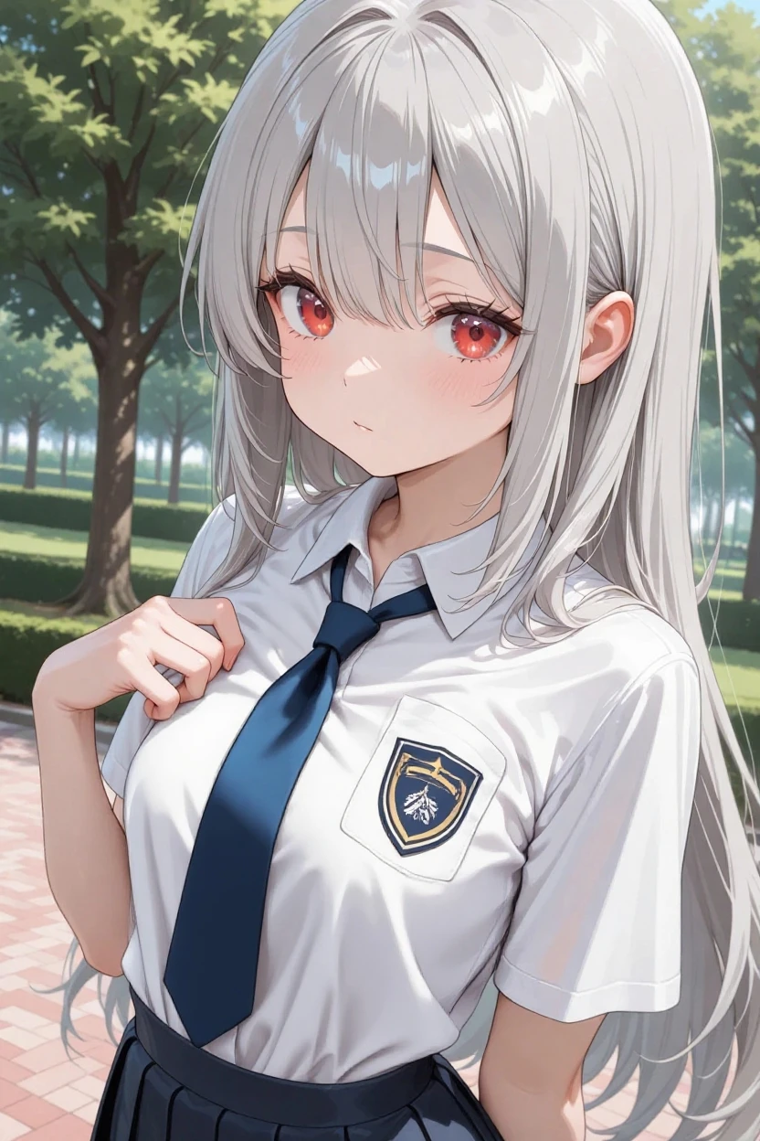 (((Ultra-HD-quality-details))) 1girl, blond, heterochromia, paw pose, nekomimi, cewe-sma, white shirt, gray skirt , belt, looking at viewer, nature, ((bokeh)) , squatting <lora:cewe-sma:1>