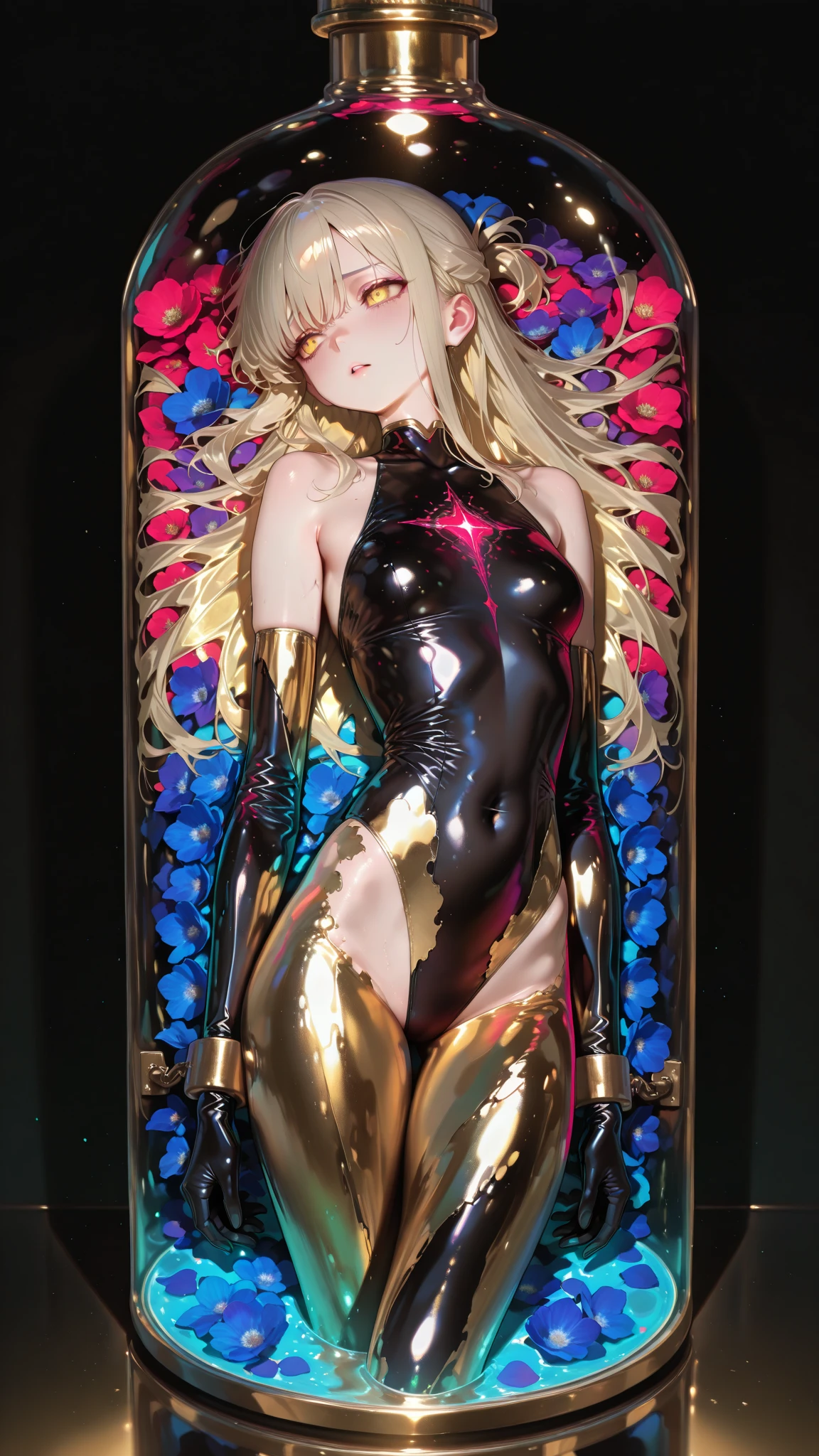 ((Best quality, 8K, Masterpiece:1.3, 1 girl, Beautiful girl)), highres, Cute, Dynamism, Detailed face, Detailed skin, Detailed eyes, Detailed lips, Photorealistic, Raw photo, Natural lighting, perfect anatomy, dynamic pose, toned legs, double eyelid, tear bags, round eyes, moist lips, (colorful body, colorful liquid on the naked body:1.2), colorful hair, rainbow hair, colorful background, japanese girl, cowboy shot, sweaty, liquid art, closed eyes, upper body, pixie cut, blunt bangs, sfw, masturbation, white hair, arms up, open legs