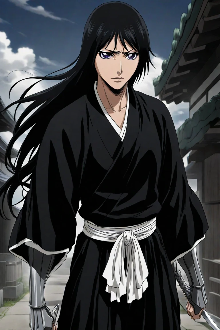 I need a Demon Slayer anime character with long black hair and a white lock with black eyes and one blue eye who is a man, whose haori is white with light blue things and whose katana is light blue and black. 