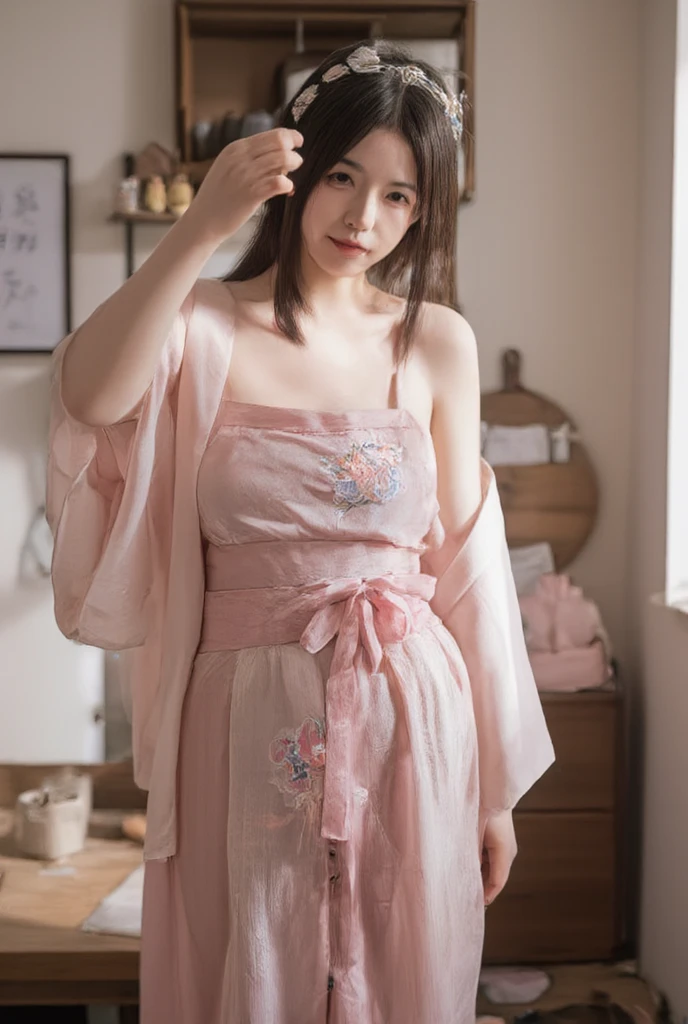 Pregnant woman with five breasts, clothes can't cover the exposed big belly and there are fetal movements