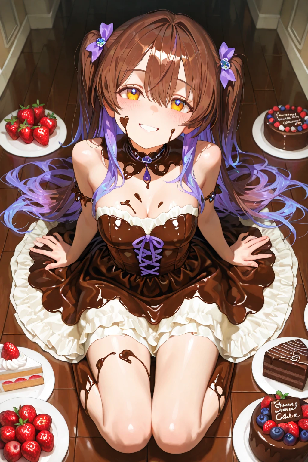 rice shower (umamusume), 1girl, solo, long hair, breasts, looking at viewer, blush, brown hair, thighhighs, hat, bow, navel, holding, animal ears, bare shoulders, purple eyes, tail, flower, small breasts, black thighhighs, indoors, bowtie, hair over one eye, leotard, cup, wrist cuffs, detached collar, rose, playboy bunny, horse ears, horse girl, horse tail, blue headwear, tray, blue flower, hat flower, blue leotard, holding tray, nontraditional playboy bunny