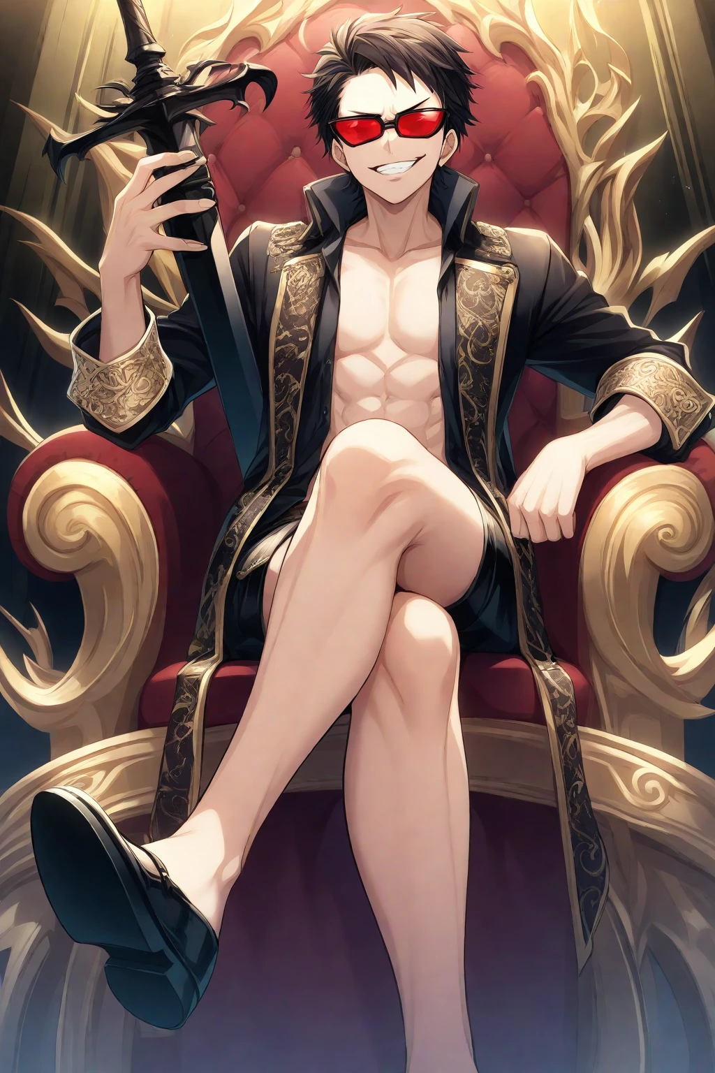 Male with red long detailed hair, shirtless, dragon black eyes, evil incarnation, handsome, having dragon tattoo on arm, wearing casual clothes, horns, red skin, (((from below)))