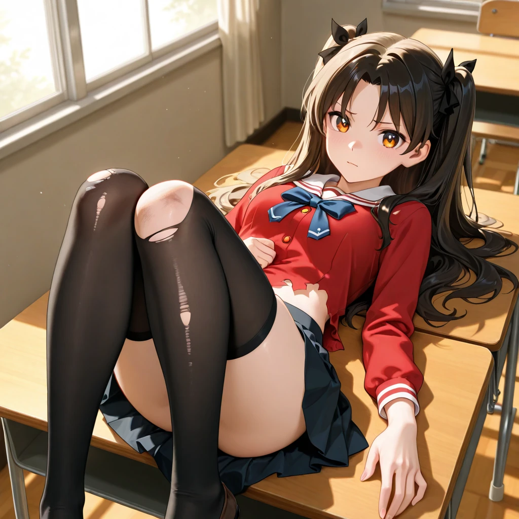 Highest quality, masterpiece, High resolution, (Head to Toe full body), front, frontやや下からの構図, Symmetric, Tall 18 year old girl, alone, (Head to Toe), (Small breasts), disheveled brown hair, bangs, (black tights), (Black Pantyhose), (Sit with your legs apart), (Crouching pose), (Composition showing white panties), (She has her legs spread and her white panties are visible.), (Sit on the floor with your legs spread), (M-shaped foot), Thin legs, とても美しくTall 18 year old girl, (No shoes), blush, Shy big eyes, Looking into the camera, Blazer uniform, Checkered Pleated Skirt、Megumin