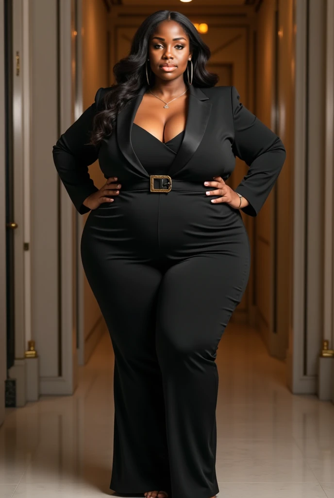 A body that looks like it's going to burst with muscles fat model,A body that looks like its clothes will burst with muscles,Create a high-resolution realist 3d image of a dark skin toned melanin elegant woman with a findom dominant and commanding persona and Prescence wearing luxurious attire, such as a tailored suits or designer dress, and posed in a confident stance. full body tall and plus size curvey body 5'9 265 lbs This mage should exude power, control, and sophistication, with a hint of mystery. the back ground is lavish hight rise office the top floor or a luxurious richly decotated tool reflecting wealth and power 