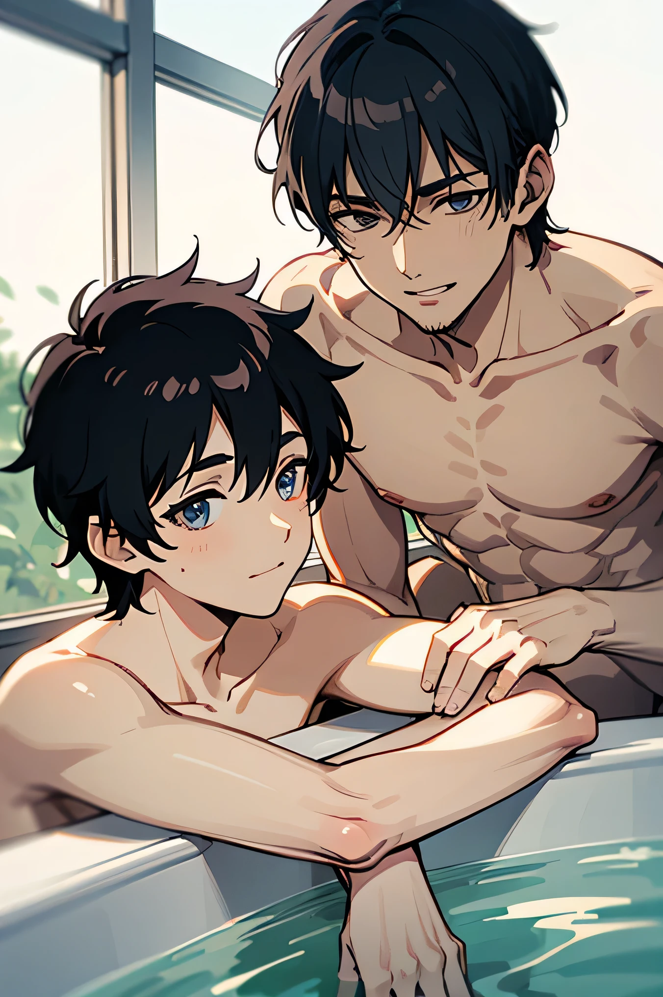 (2man:1.5),gay male relationship, 20 years old man,Perfect body, Hot springs, public baths, large baths,in bathing,naked,((lots of bubbles)),bubble bath,looking at other,looking at away