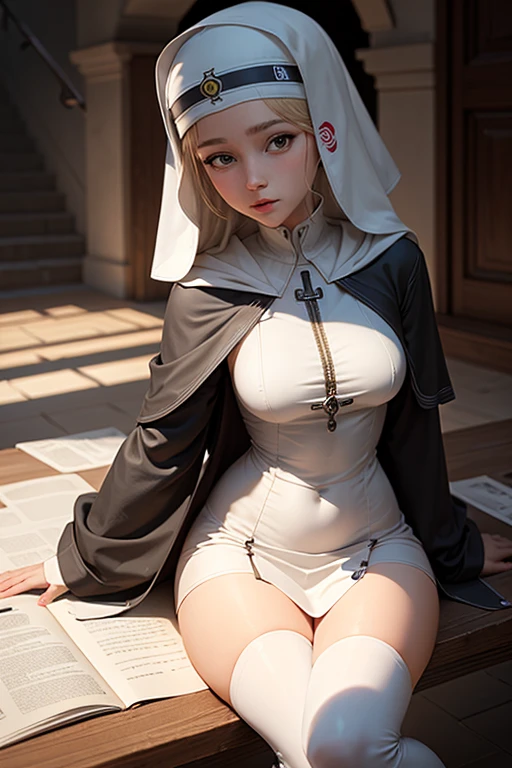 (best quality, 8k, highres, photorealistic:2.0), (solo, one girl:2.0),(lighting: front),(lighting: strong),(Russian Beauty:2.0),(very muscular girl:1.5),(bodybuilder girl:1.5),(shiny skin:1.5),(oily skin:1.5),(platinum blonde hair:1.5),(((medium skirt long sleeve nun wearing tight clothes:1.5))),(wearing white panties:1.3),Blush brown makeup , dark eye makeup , use pink glossy lipstick, wearing a cross necklace,(amazing orgasm:1.2),(intense ecstasy:1.2),((Lie on your back on a clean bed and lean on a large pillow.)),(open legs:1.7),((She performs seductive poses to help viewers masturbate:1.5)),