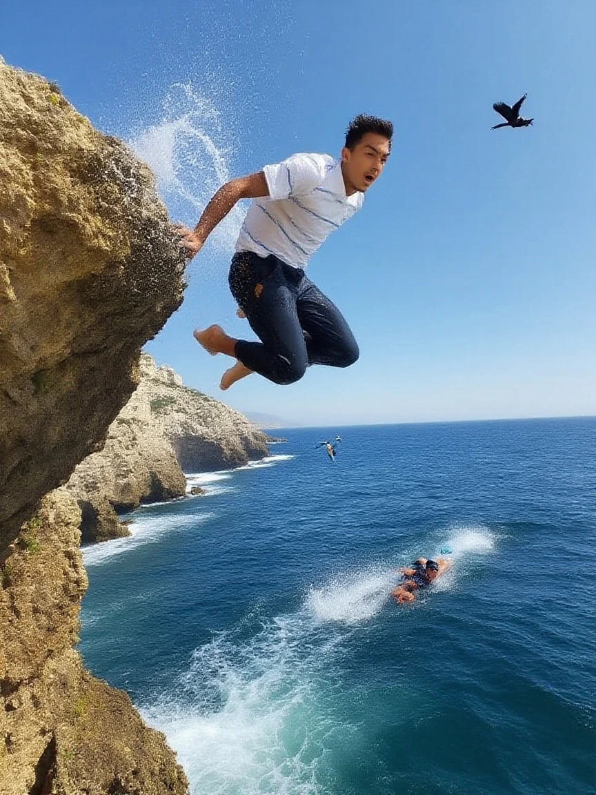 A guy jumping out of a plane onto a shark with 4 kilos of dynamite heading towards a volcano