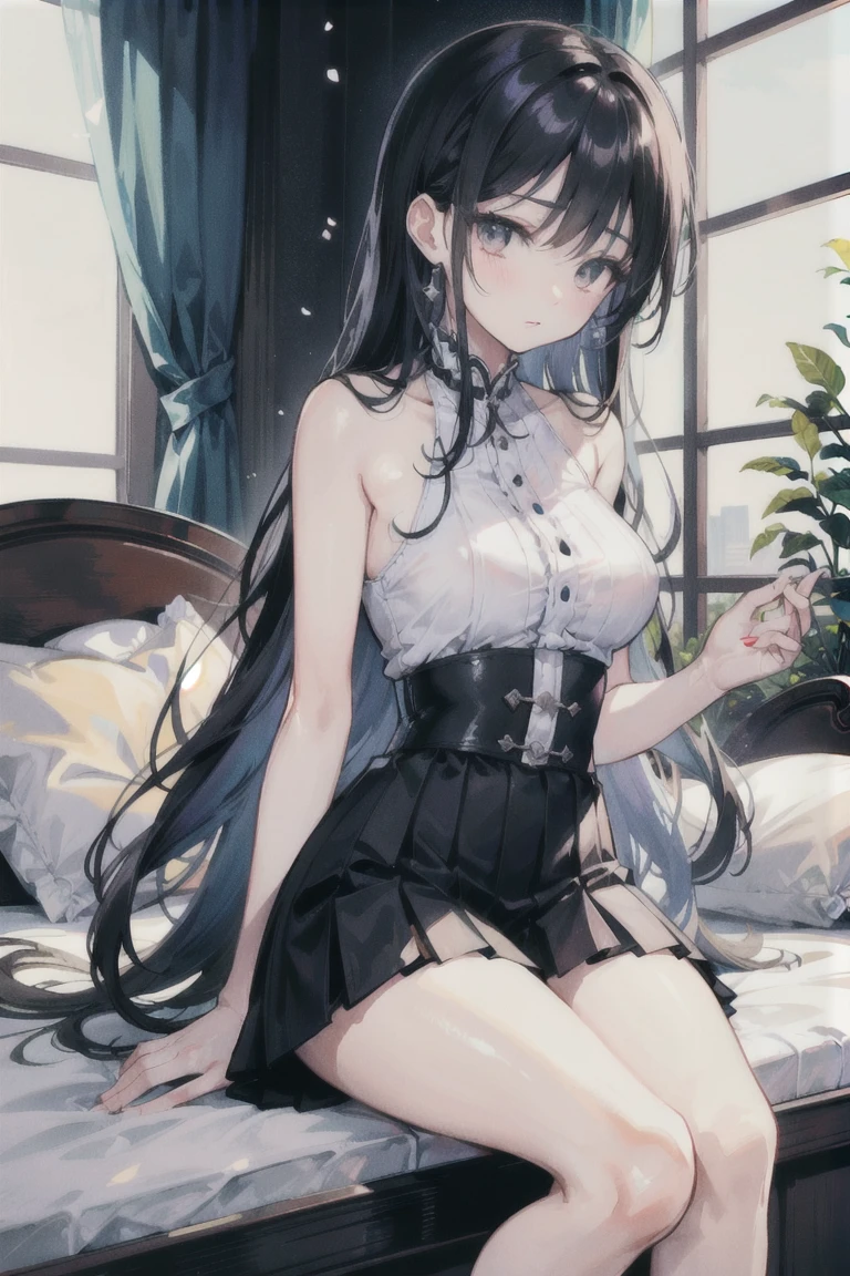 A girl，Sitting on the bed，There are a lot of stuffed animals，twintails，Long hair，Black Hair，((transparent))，Towering breasts，Lolita skirt，Sexy Lingerie，Flowing fabric，Slim waist，Showing belly，Smooth legs，blush，