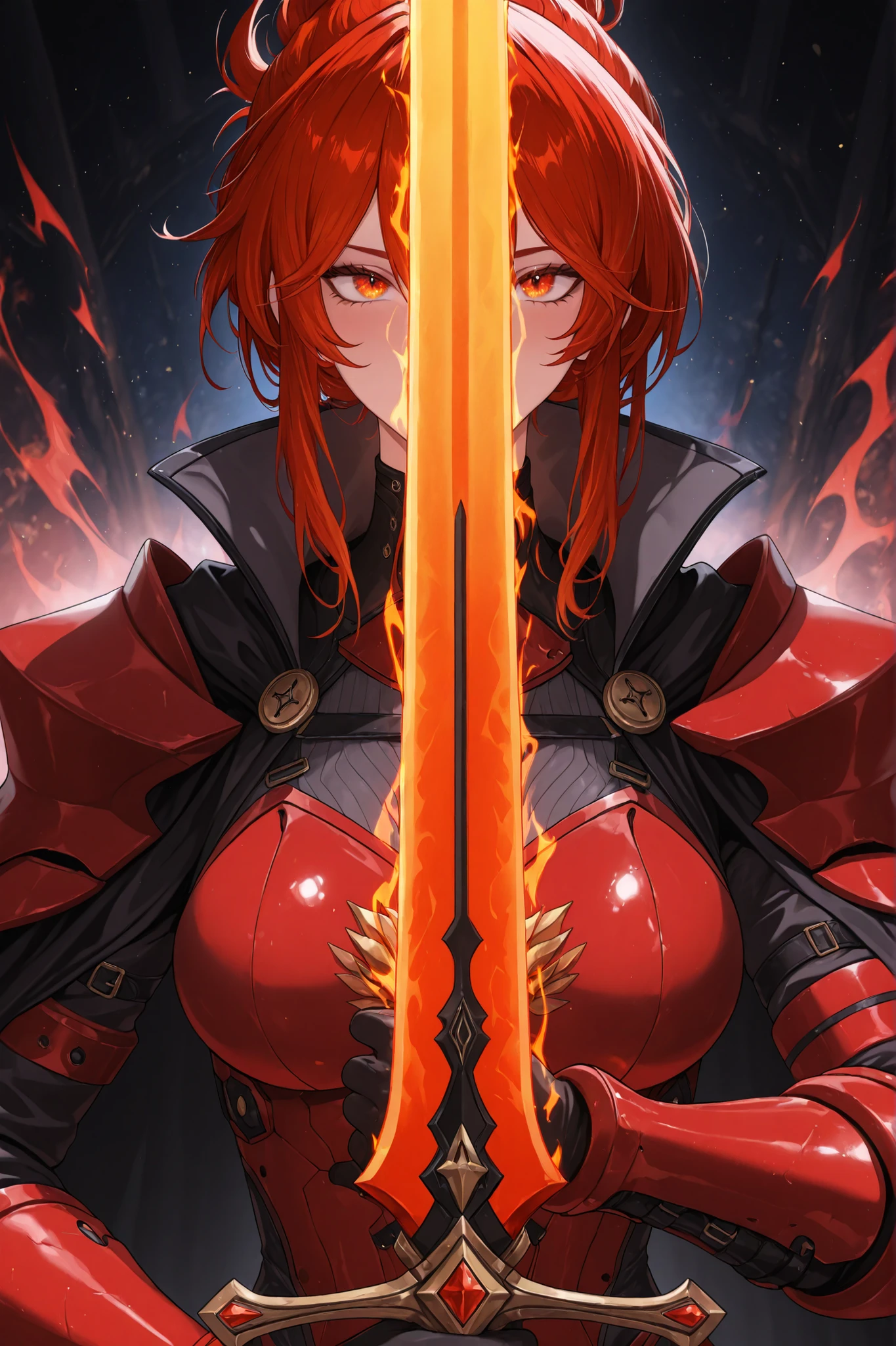 ((apenas)), (himeko :1.2), Aquecer, holding in his Hand a large sword with red details, Linda mulher, cabelo ruivo , cabelo curto, cabelo desgrenhado, sidelocks, levado, reddish golden eyes, olhos brilhantes, seios grandes, futuristic red armor decoration, aura brilhante, upper body, ao ar livre, Mundo diferente, ridiculous masterpiece, cor quente, alto contraste, It's extremely absurd