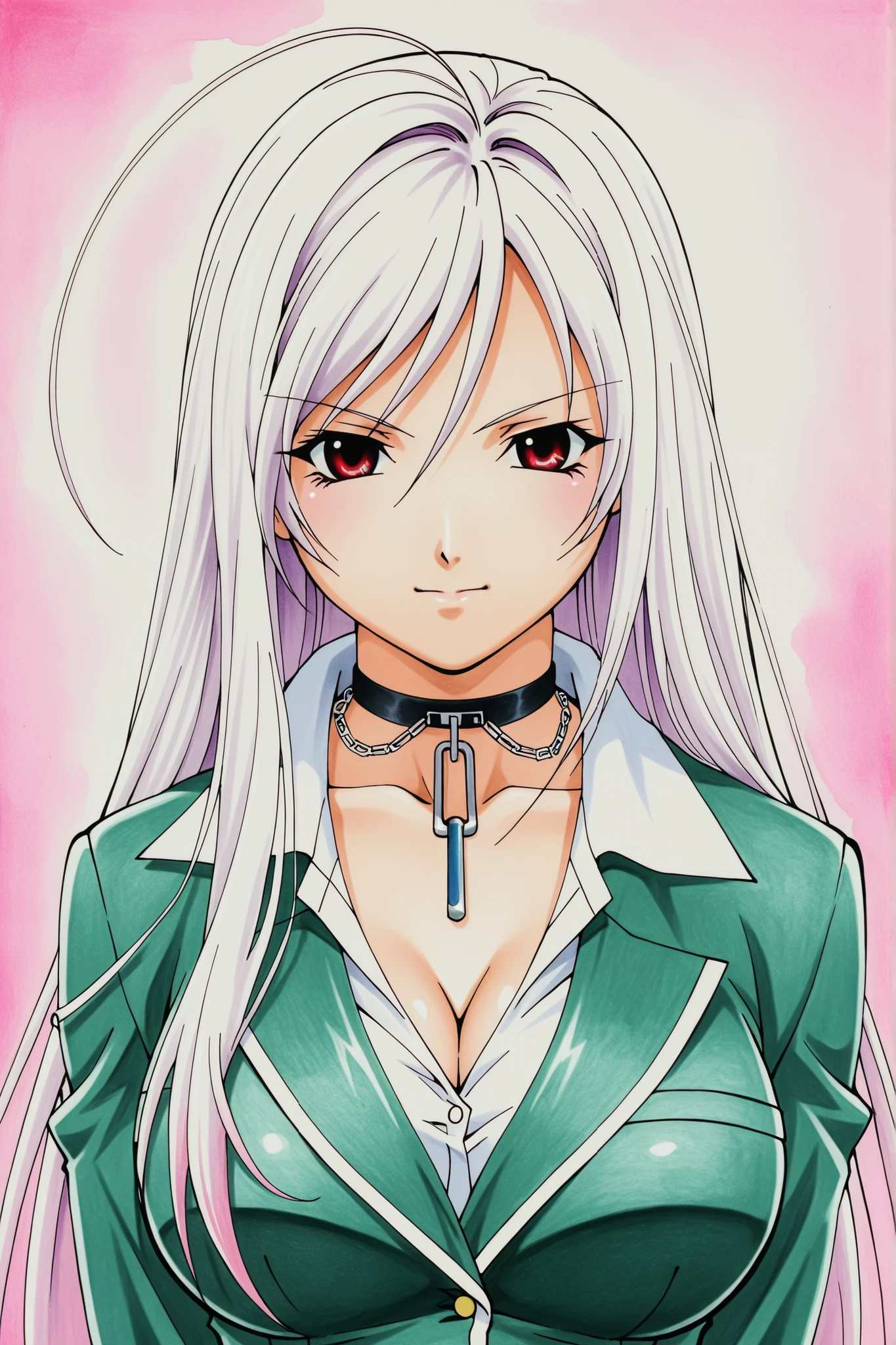 Expressive and Captiv(masterpiece, Highest quality, Very detailed, High resolution, figure:0.8), Very detailed wallpaper, Official Art, wonderful, Attention to detail, Very detailed, Very detailed 8k wallpaper, Light silver hair, (bright Red eyes with elongated pupils), (White Background: 1.3), (One person, alone), sexy,Perfect Anatomy,Beautiful Face, Provocative, school uniform, gray skirt, (((lower body, cowboy shot))), (green blazer, Brown skirt with black square pattern), perfect eyes, perfect face, clear eyes, shiny eyes, light eyes extremely ultra detailed beautiful face, cleavage, collar, open collar, symmetrical eyes, deep detailed eyes, even eyes, Expressive and Captivating Eyes, slant eyes, sharp eyes, fearless face, adult face, sharp face, perfect female body, perfect proportion, extremely ultra detailed beautiful eyes,