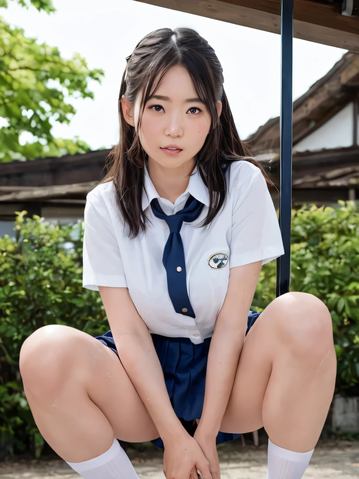 (Realistic, photo Realistic:1.2), ((Highest quality)), moving her center of gravity back, Quite embarrassing, White panties, (Showing panties:1.4),Tight Skirt, (Under the skirt:1.3), (Lift up your skirt:1.3), (squat:1.4), Put your heels on the ground, Spread your legs a little, 膝を上げてsquat, Put your butt on the ground, black penny loafers, Beautiful face details, Real human skin, Gentle expression, Front view, angle From below, Realistic, photoRealistic, cute, Short skirt, squat deep on school grounds, cute school girl, Japanese school girl uniform, Sailor suit, whole body,Smile, Natural smile, Charming smile, Captivating smile, (View your viewers:1.2), from the front, From below,
