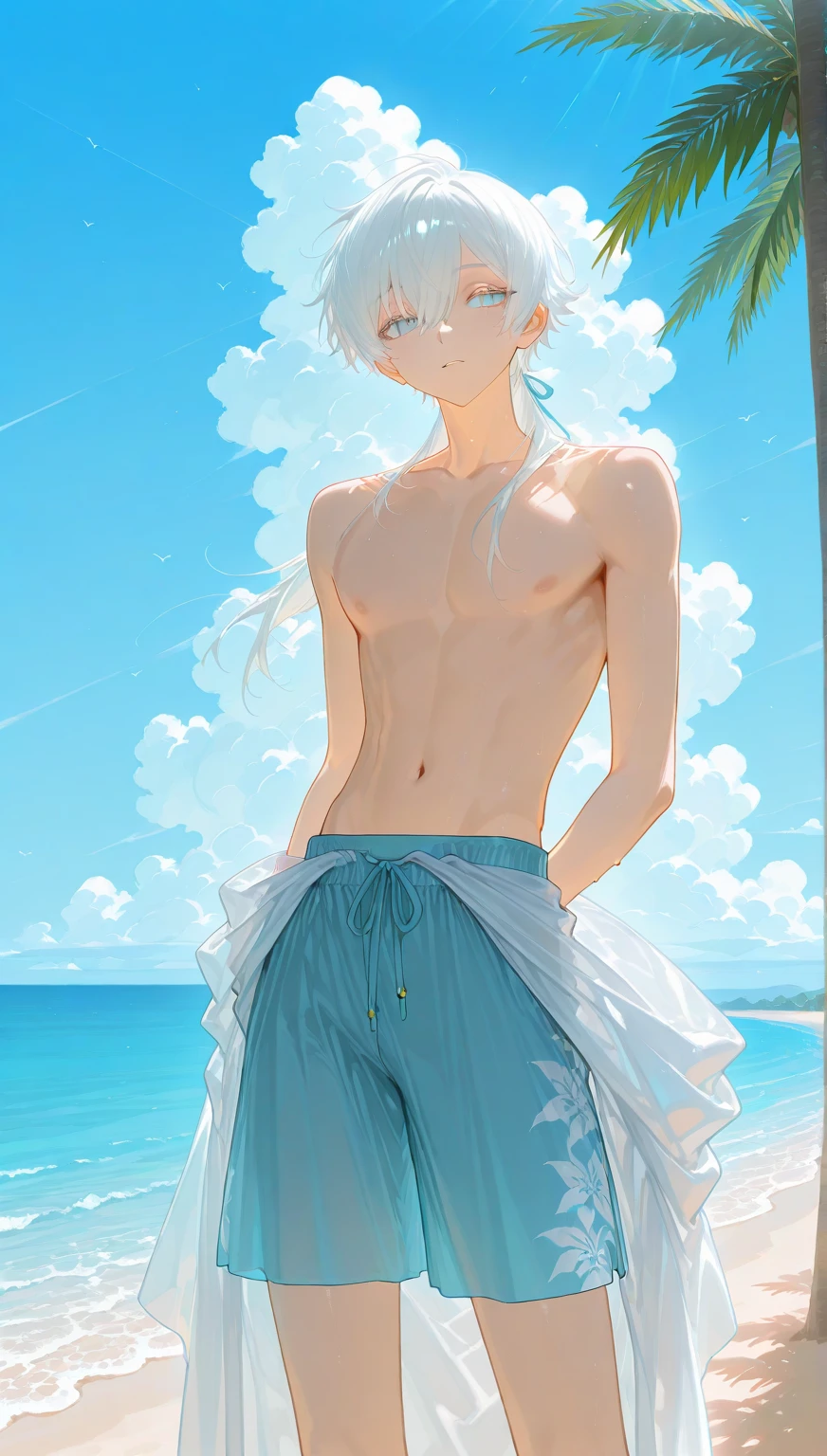 very thin boy11 years old without a shirt, Without clothing, thin, Blue eyes, white hair with red tips, wet body in white swimming trunks, straightens his hair embarrassedly, blush on the face, 