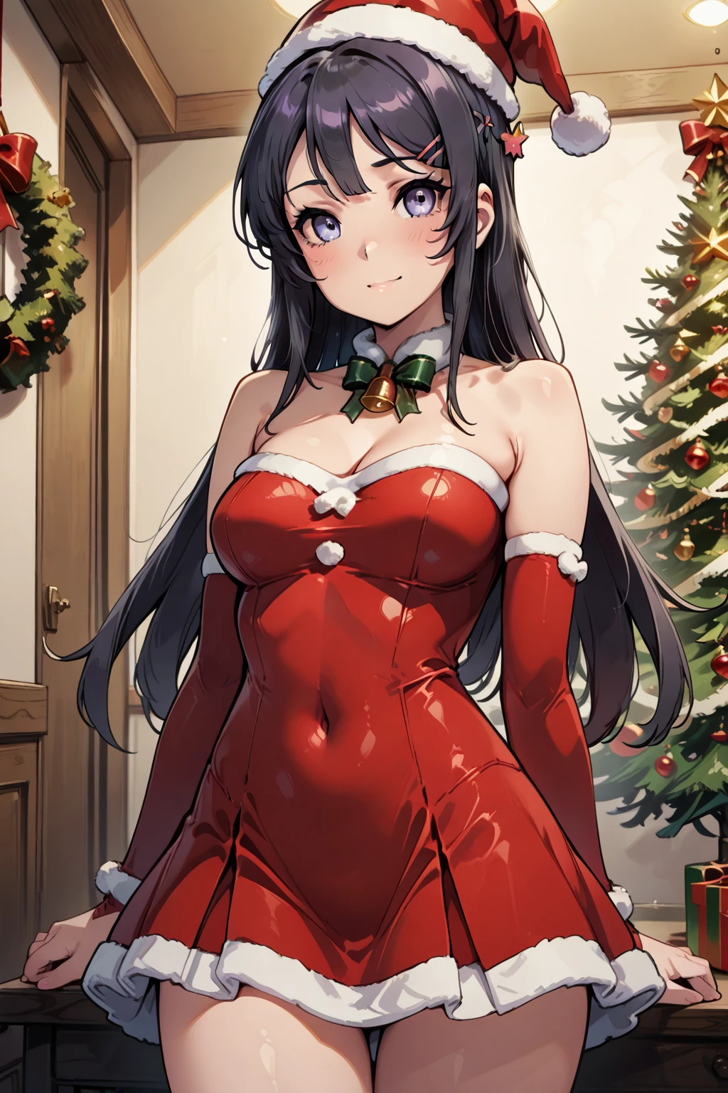 ultra-quality, ultla highres, Hyper Detailed, High contrast, Ultrafine Strike, creative refinement,A dark-haired,ssmile,Santa Claus Costume,Show cleavage,livingroom,5 fingers