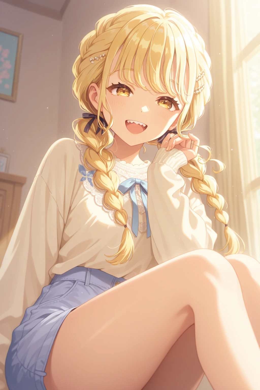 indoors, bedroom, sitting, red sofa, heart pillow, one eye is closed, masterpiece, higres, best quality, smile, yomi, long hair, blue eyes, blonde hair, large breasts, hair ornament, bow, ribbon, bare shoulders, twintails, hair bow, hairclip, sweater, sideboob, turtleneck, halterneck, no bra, white bow, ribbed sweater, meme attire, backless outfit, turtleneck sweater, backless dress, sweater dress, blue sweater, cable knit, virgin killer sweater, aran sweater, naked sweater,   <lora:more_details:0.4>    <lora:Yomi3_lora-05:0.8>