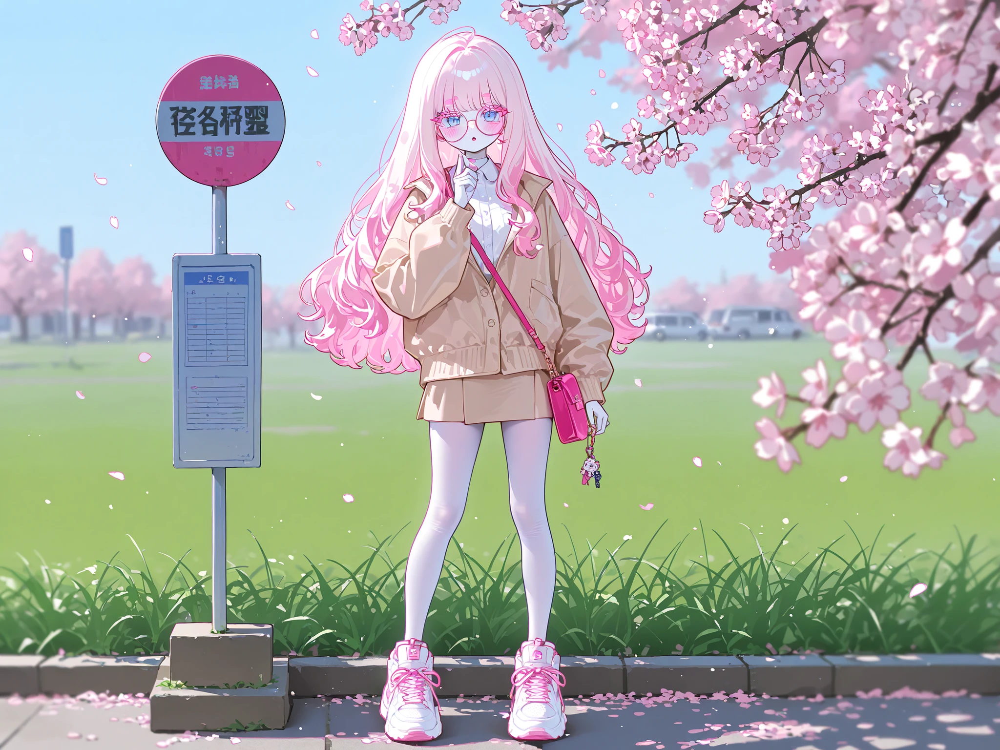 The white-skinned Korean girl. She has white skin with pink blush. She has blue eyes, pink eyelashes and pink eyebrows. She has light Korean makeup, and her lips have pink gloss. She has longest ground-length bleached hair with Pink coloring. She has 1980s teased big hairstyle. She wears round glasses with gold frames. She has pink and white sakura blossoms in her hair. She is wearing a long-sleeved mini top, beige miniskirt, beige jacket, She wearing white nylon tights, and pink oversized sneakers. On her shoulder she has a pink mini handbag with a keychain in the shape of a flower. in the background : a sunny spring day in Japan, at a bus stop, green grass, cherry blossoms around.