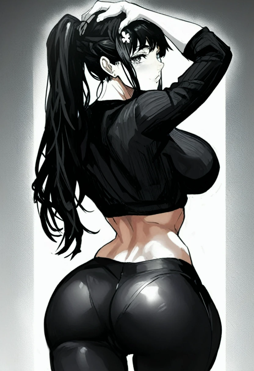 girl ((1girl)) pale skin (muscular) ((huge ass)) toned body thick thighs black hair yellow eyes long hair (grey background) bodybuilder (from behind) (black leggings tight long sleeve black t-shirt) skintight