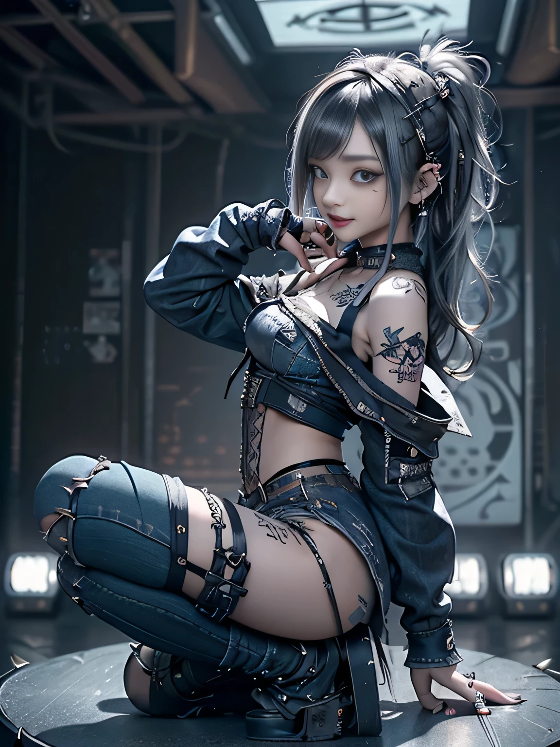 (Full Body View:1.3)、(Full body:1.2)、(Smiling with teeth showing:1.3),(Shibuya Gal:1.5)、(Gothic Lolita style fashion:1.5)、(Punk RockVisual Kei:1.5)、(Wearing a rhythmic gymnastics bodysuit with intricate details:1.4)、(Racing suit and shorts in beige, denim and charcoal with intricate details:1.5)、(Denim and black and brown long boots:1.3)、(Denim and beige knee socks:1.3)、((belt))、(Numerous delicate logo marks all over the costume:1.4)、(collar:1.3)、(Zebra pattern underwear:1.5)、20-year-old、NSFW、((Highest quality、In 8K、masterpiece:1.3))、Sharp focus:1.2、(Layered Cut、Huge boobs:1.1),Beautiful woman with perfect figure:1.4、(do a gravure pose:1.3)、Slender Abs:1.2、Highly detailed face and skin texture、Detailed eyes、double eyelid,(Twin tails:1.3)、(Black brown hair:1.3)、Gravure idol、(The background is a vast mountain々Beautiful European tourist destinations:1.3)、(Slim body:1.3),(Make your legs thinner:1.4),(clavicle:1.1)