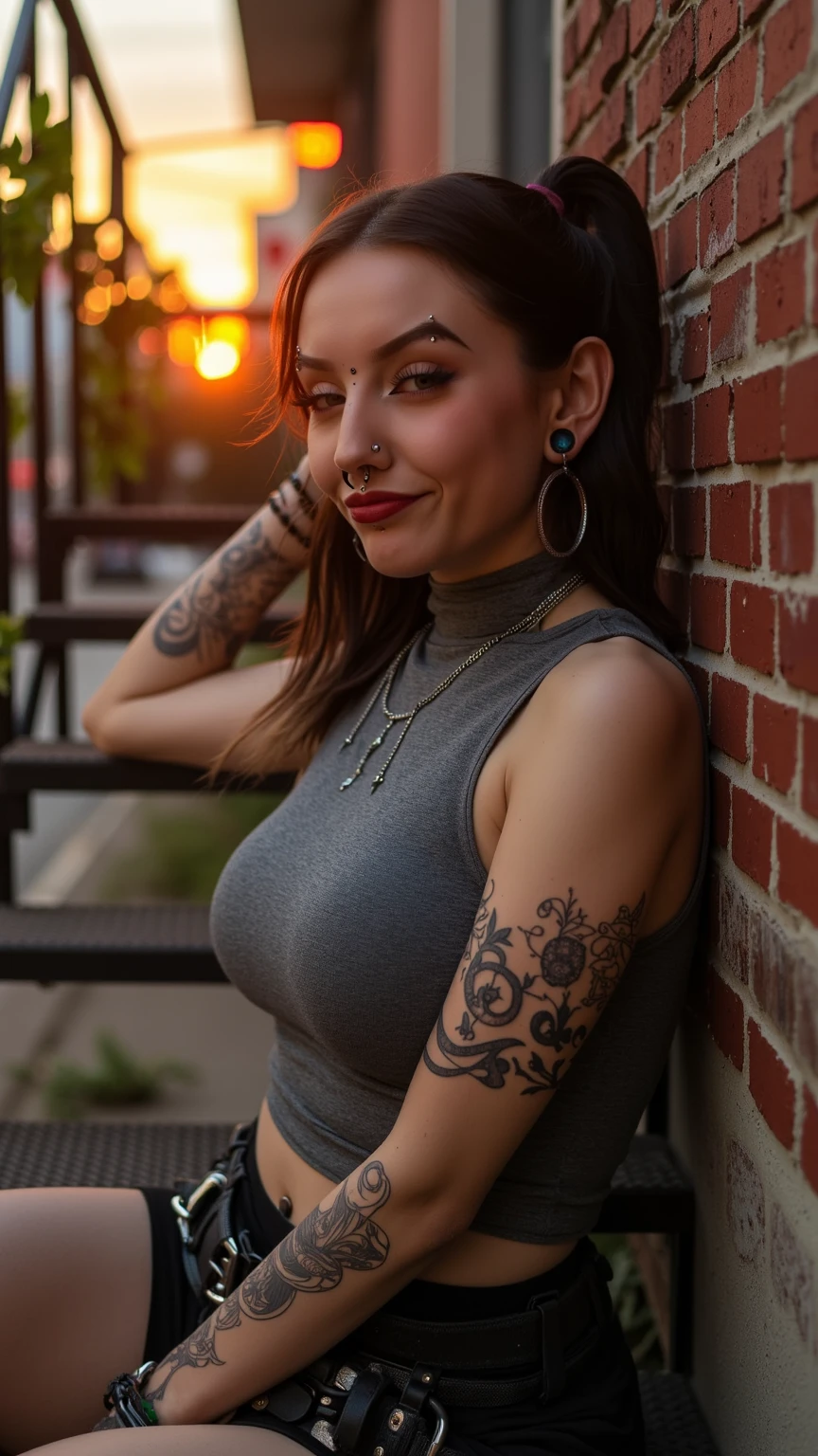 8K, Masterpiece, Best quality, Photorealistic, Ultra-detailed, 1 girl, arm tattoo, Realistic skin texture, Large breasts, sexy provocative malicious happy smile, Gaze towards the viewer, ,  Movie lighting, Face focus, Fine eyes, Detailed face, Well-lit face, rays of sunshine, Outdoor café in the background, low angle shot, View from below # Prompt output stands tall on a rooftop in Corona Queens, NYC. It is sunset, and the sky is ablaze with vibrant colors, creating a stunning backdrop for the scene. The woman is confidently posed, exuding elegance and grace. which adds a playful touch to her sophisticated look. The rooftop is glowing with the warm lights of the city, and the atmosphere is enhanced by the presence of dazzling neon lights that dot the skyline. The image is of the highest quality, with sharp focus and ultra-detailed features, capturing every nuance of the woman's expression and the surrounding environment. The overall effect is realistic and immersive, with HDR rendering bringing out the rich colors and textures.