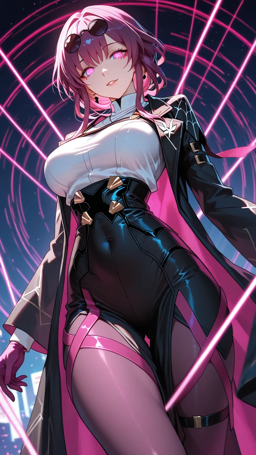 colorful, 1girl, mature, plum colored hair, wild shaggy haircut, purple eyes, pink goggles, large breast, holding a steel baton, silver sand, glow, glowing weapon, magnet particles, wallpaper, chromatic aberration,