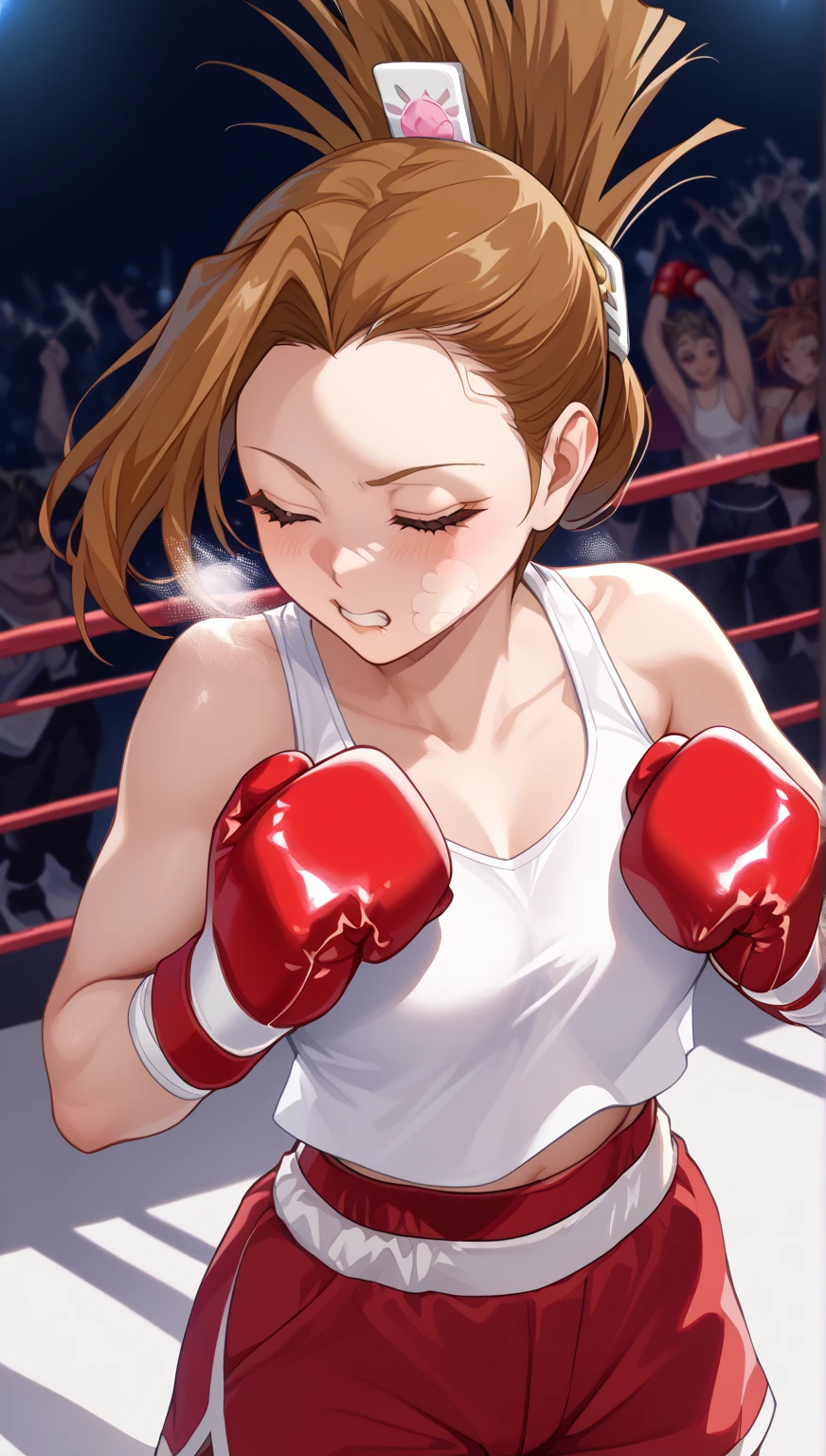 from below, {{masterpiece}}, {{{best quality}}},{{ultra-detailed}}, {{illustration}},fingerless gloves, from side,cowboy shot,A woman with long hair who is 180cm tall,Athletic body、{{Female boxer}}, ,{{hand on own chest:1,6}}{{A tall, mature woman:1.4}},anxiety、lace camisole、BLACK dolphin shorts、boxing、Fighting Pose、{{critical situation:1.6}}.、boxing ring、},{{She seems to be struggling to breathe.:1.4}},,{{v-shaped eyebrows}},A tense look,blush,Sweat,defensive posture,Dynamic composition,dutch angle,long Hair、ponytail,Brown Hair、Blunt bangs ,Medium chest、boxer,、boxing glove,short boots,cheering crowd