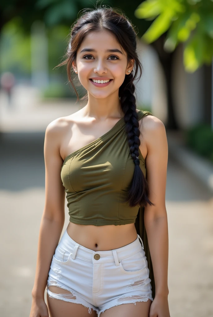 , ((a picture of indian 17 years old girl)), ((17 years old girl)), ((highest quality, 8K, masterpiece: 1.3)), concentrated: 1.2, perfect beauty: 1.4, butt: 1.2, ((high up ponytail)), ((high up ponytail hairstyle)), , ((midium breasts)), (landscape background), tomboy t-shir, Highly detailed face and skin texture, narrow eyes, double eyelid,, long hair, (shut up: 1.3), smile, Unreal beauty, , indian girl, ((red colour t-shirt)), ((ultra red colour t-shirt)), ( ((16 years old girl)), ((Cinematic Potrait:1.2)), ((Increase Cinematic Potrait Blur:1.3)),, ((Bottom off Shirt and Tshirt)), ((White Shirt)), ((Pale Skin:1.4)), ((Midium Large Forehead)), ((Smiling)), ), ((Black Hair))