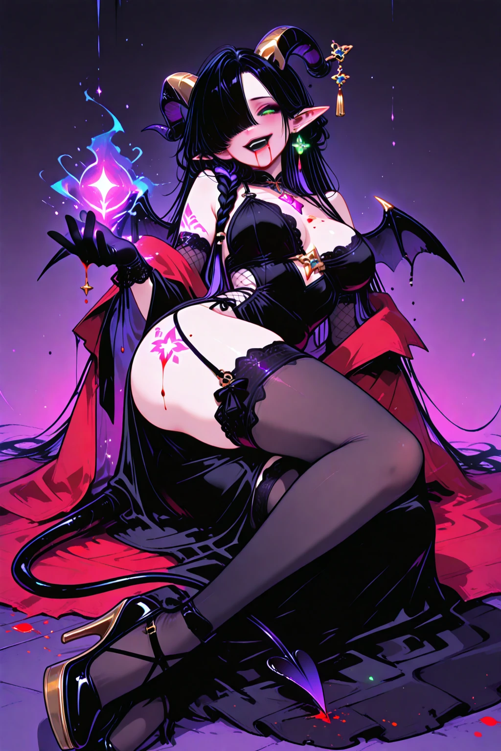 portrait,solo person,a beauty girl,Hair over the shoulder,succubi,Happy,pointy ears,goat horn,high-heels,Put your hand to your mouth,Crossed waist with one hand,Whitish skin tone,Bow collar,比基尼,grin,Magic pupil,a garter belt,The demons,The demons翅膀,Bat wings growing on the back,Crop topping,Sexy dressing,underwear,The demons尾巴,Arrow shaped tail end