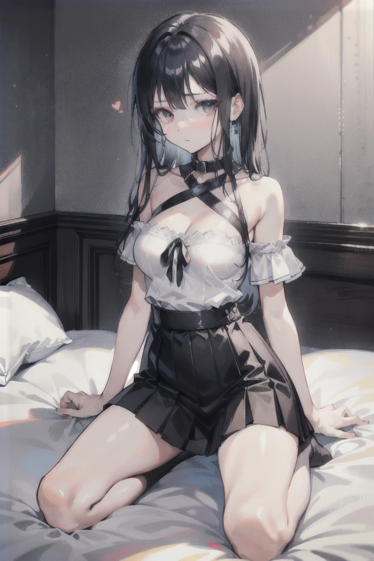 Hands Behind Back,Tied with hands behind back,from front,front view,looking at viewer, looking ahead,from above,cowboy shot,1girl,Beautiful 11 year old girl,Japanese,Slender,,low length,Small breasts,Thin legs,Small Ass,Baby Face,Small face,Black Hair,one side up,Gray Eyes,Drooping eyes,middle School girls,Collar with leash,A transparent black and yellow negligee,Sexy Lingerie,open mouth,tongue out,front face,Kneeling,Straight Stand,Beautiful and detailed anime art,Desire expression,crave,Sexy vibe,cum on tongue,Dimly lit room,On the bed,Simple Background,Gray background,Low lighting,