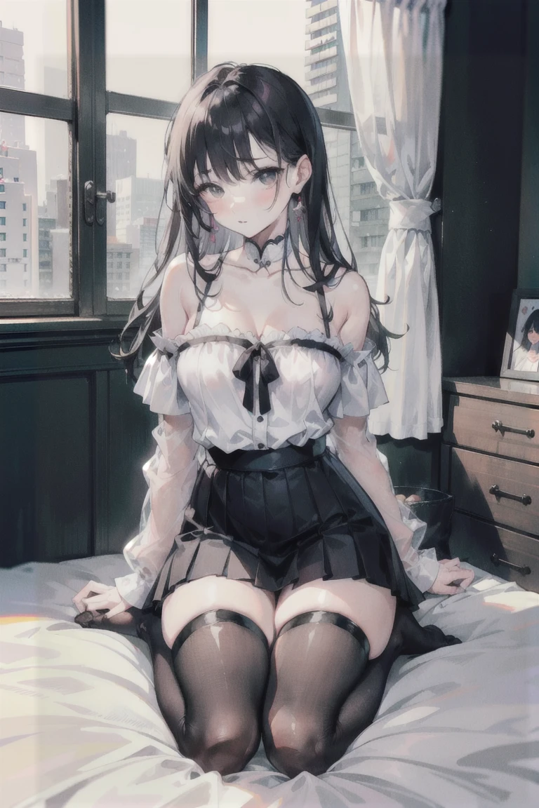 Best quality, 8k, Masterpiece: 1.3)), sharp focus: 1.2, beautiful woman with perfect figure: 1.4, slim belly: 1.2, ((layered hairstyle, room: 1.2)), (black lace bra) (large breasts, large and beautiful hard), (thin waist, upturned hips, a little fitness marks, vest line), (white transparent high-waisted tight skirt), (black transparent pantyhose, stockings), (hotel room, in bed, city outside the window, high-rise buildings), wet body: 1.1, highly detailed facial and skin texture, Delicate eyes, double eyelids, white skin, (whole body), (bare feet), (long leg proportions), (((upside view, looking from the bottom up))), (super long hair to the waist, princess cut, long straight hair spread out on the bed,), comfortable lying on the bed, (face particularly red, shy), 30 years old, mature, sexy, (feet stretched out in front of the camera, detailed toes), the woman's face is like a work of art, the facial features are perfectly balanced, symmetrical, her eyes are bright red, shining with wisdom and curiosity,