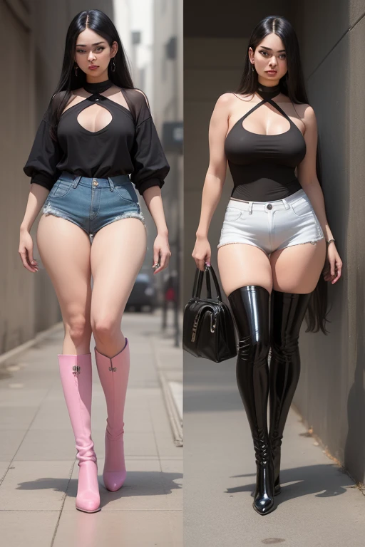 NSFW, hyper photorealistic, full-body view, Dark cuteness pop horror style, Hot water bottle girl in black evil costume, micromini bikini, tattoos all over body, Drill holes everywhere, tusk, Heavenly Nightmare Asany Beach, Super detailed drawing