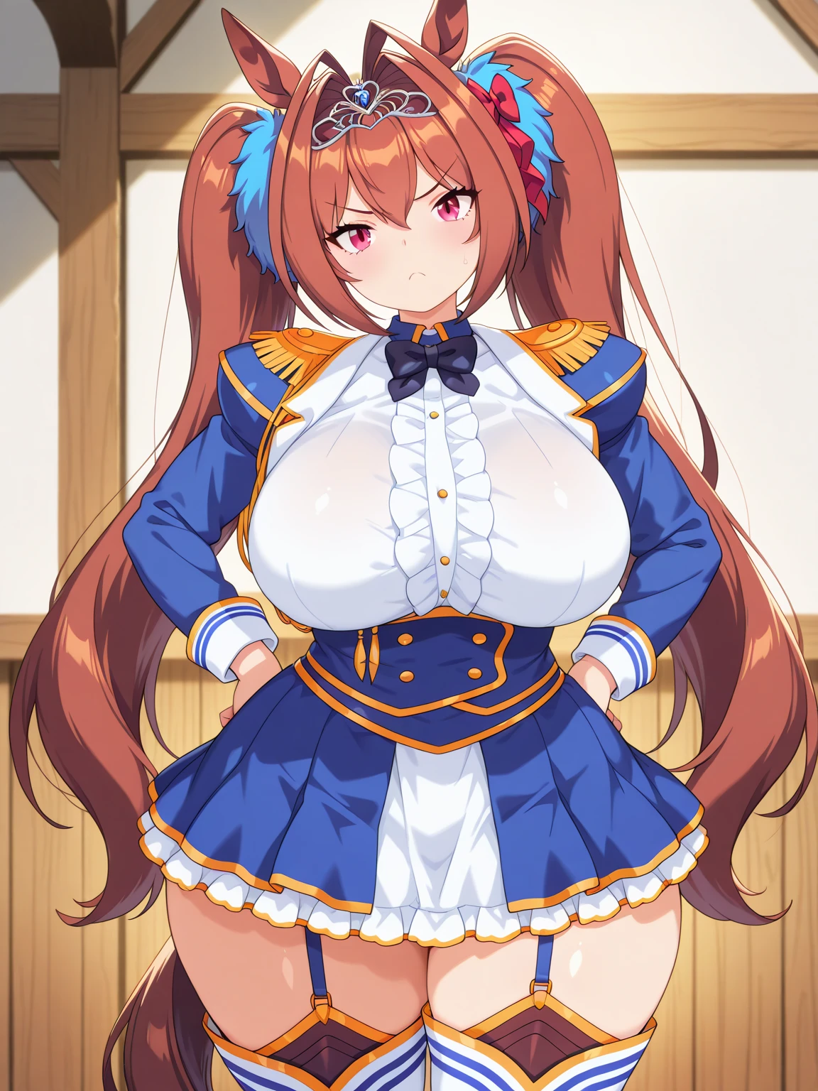 masterpiece, best quality, highres, 1girl, daiwa scarlet (umamusume), horse ears, long hair, twintails, tiara, horse tail, very long hair, brown hair, epaulettes, long sleeves, gigantic huge breasts, Whipped thighs,Trasen School costume, white thighhig, White skirt, sailor shirt,Sailor collar, Purple shirt, a miniskirt,bangs,fang, red eyes, hair,between eyes, hair bow, smile,standing,short stature,very near,lascivious,Females in heat,lecherous look,SFW,
