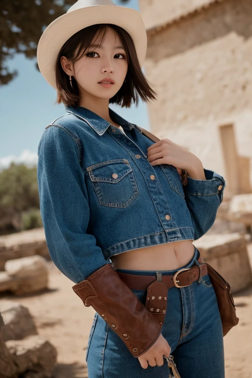((tmasterpiece)),(best qualtiy),offcial art,extremaly detailed cg,Unity8k wallpapers,ultra - detailed,highly detailed,detailed back ground,Vivid colors,realisticlying,perfect litthing,best illuminate, 1girl、full bodyesbian、Cowgirl skirts、cowboy hat、cowboy boots、Tassel decoration、vests、tiedshirt、Medium Waist、Holster、hijabi sluty、