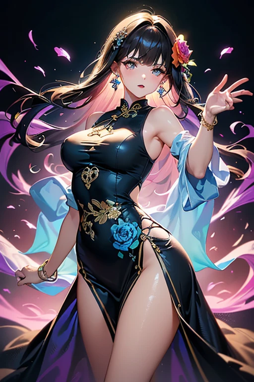 (Pink Chinese dress:1.5),alone, Chun-Li Masterpiece, Highest quality, No sleeve、Shoulder strap、(Black Panties:1.5)、Cleavage、White loincloth:2、Get angry、30 years old,highkick、Fight