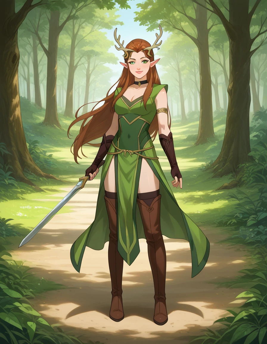 cowboy shot, elf, elf ears, red hair, large twin tails, Green eyes, cred armor, puffy hair, large chest, skirt, forest backgorund