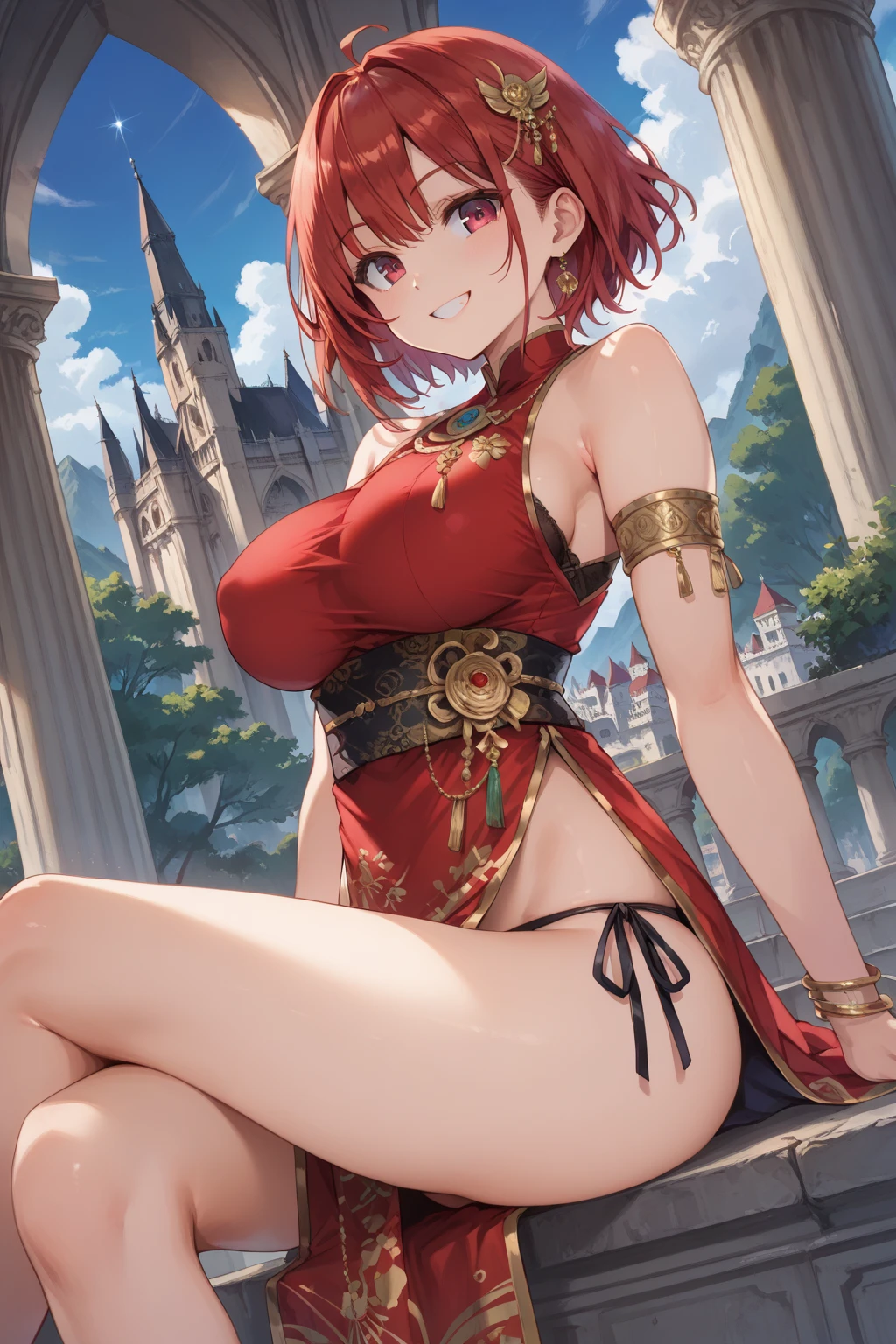 Huge , temple ruins, (best quality), (masterpiece), ariadoa, short hair, red hair, red eyes, hair ornament, blue dress, cleavage, large breasts, choker, blue halterneck, blue criss-cross halter, looking at viewer, smiling, lake, mountain,
