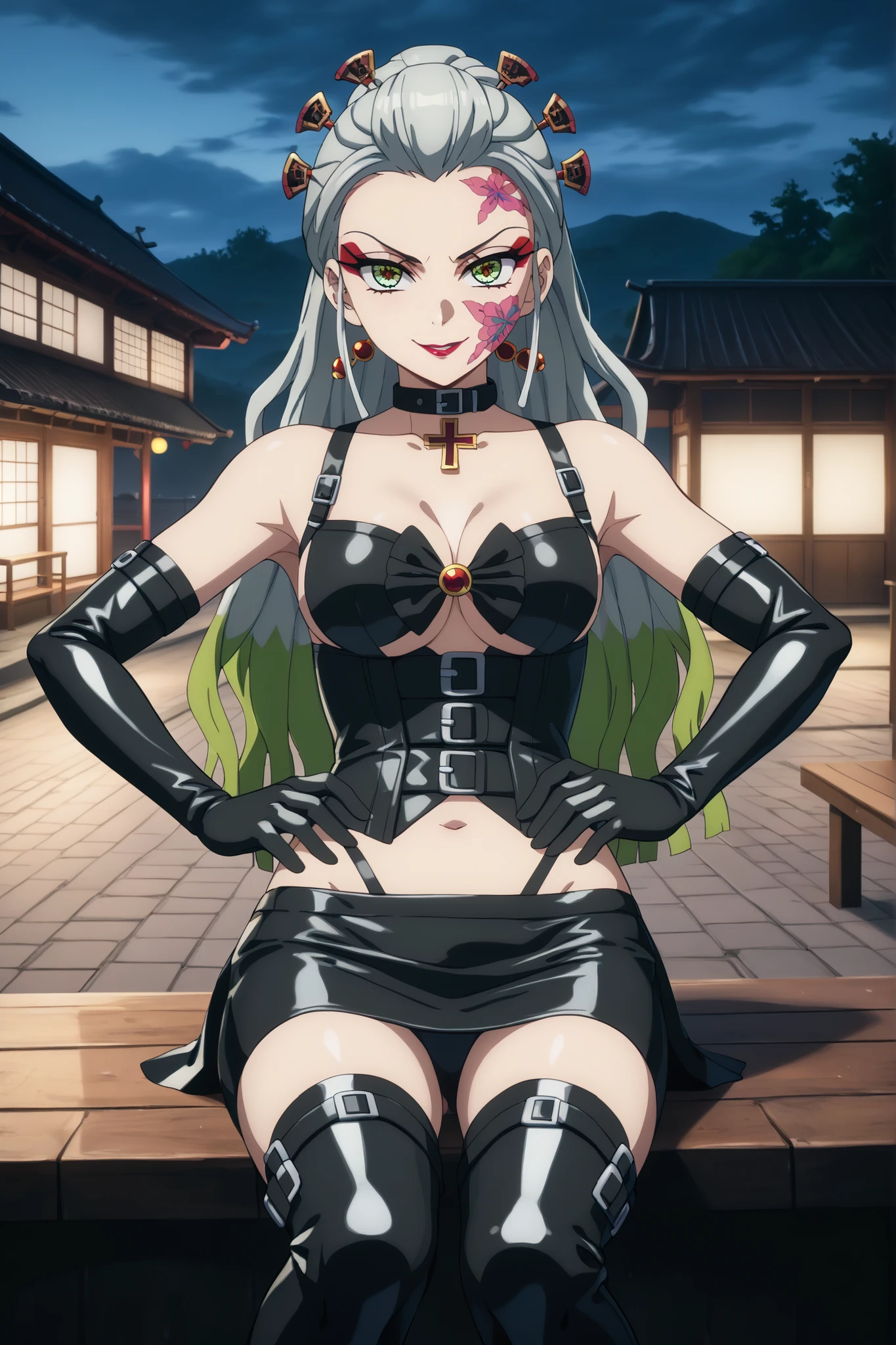 (((sitting cross-legged)))、Queen、((( 1 woman)))、(((solo:1.8)))、(((black latex elbow gloves:1.4)))、(((Black latex corset dress:1.4)))、(((corset dress is decorated with beautiful lace)))、((( )))、(((Black latex tight mini skirt:1.4)))、(((black thigh-high boots:1.4)))、(((Black rubber tights:1.2)))、(((stiletto heel boots:1.4)))、(((Stiletto Boots:1.4)))、(((Black latex high leg panties)))、(((黒いラテックスのbra)))、(((Black leather collar)))、(((Bold Poses:1.4 )))、Wide legs:1.2、(((erotic)))、(((cowboy shot)))、close-up、(((place your hands on your hips)))、beautiful eyes with highlights、Fine Beautiful Skin、} 2 perfect legs based on anatomy、wearing cute mythological costumes、(perfect 4 fingers and 1 thumb)、masterpiece、Masterpiece、absurdres、High Definition、Hi-Res 8k、detailed face、detailed eyes、Detailed Hairstyle、score_9,
Daki KnY ,
1girl, solo, Evil smile, closed mouse,
multi colored hair, gray hair, green hair, iridescent eyes, long hair, hair ornament, hairstick, Facial markings, makeup, lipstick,
color skin, Crack skin,
kimono, Bare Shoulders, print nicely, bra, Obi , band, belly button, LOWEST QUALITY, black panties, printed high socks, black knee-highs,
standing, watching viewers, solo focus,
Outdoors, blurred background, photo background, night, building, wood