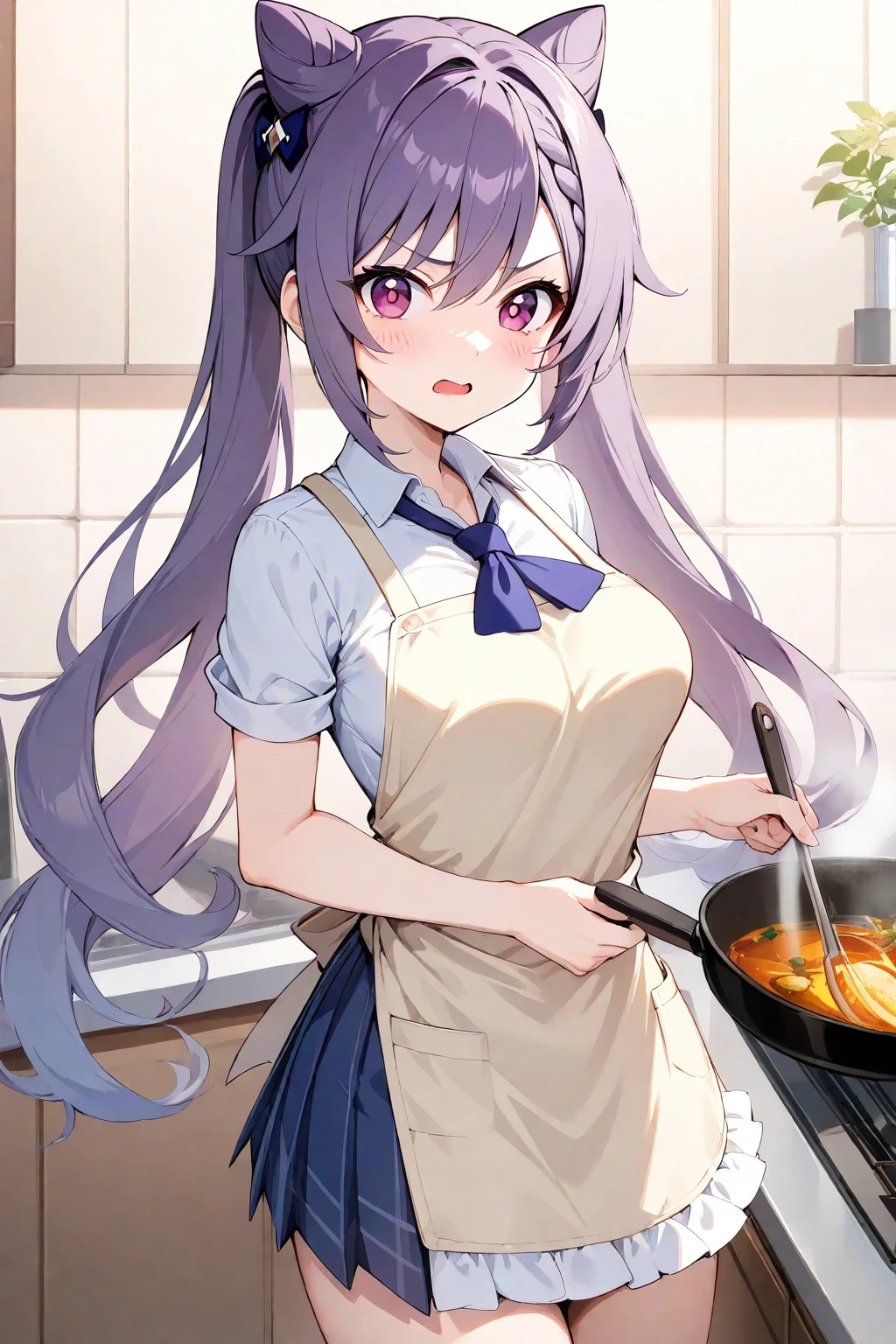 Hiiragitsumugi, Lavender Grey hair, long voluminous hair, brownish yellow eyes,11years old , large breasts,, cooking, solo, nsfw