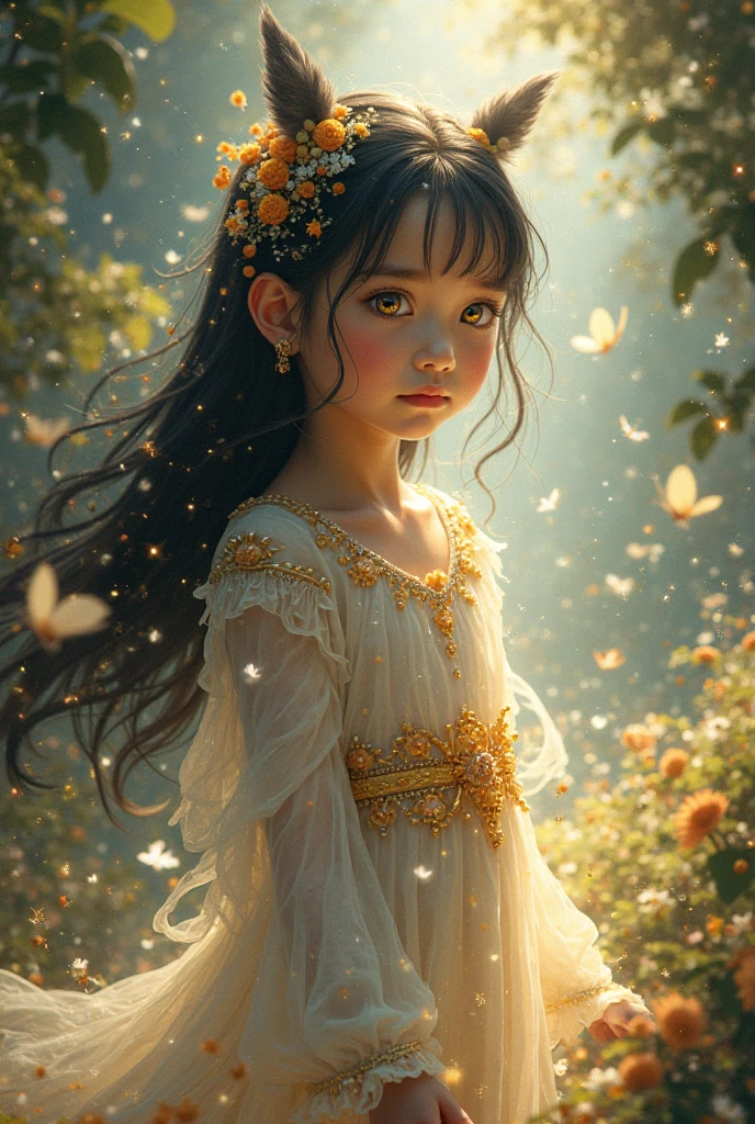 High definition, portrait, girls with dark hair, 8 years old, yellow eyes, smile, crown, portrait, ballroom in the background, realism, fantasy