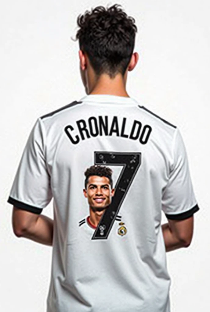 Create an image of the footballer Cristiano Ronaldo, that has the Real Madrid shirt and has the name Victor Manuel CR
