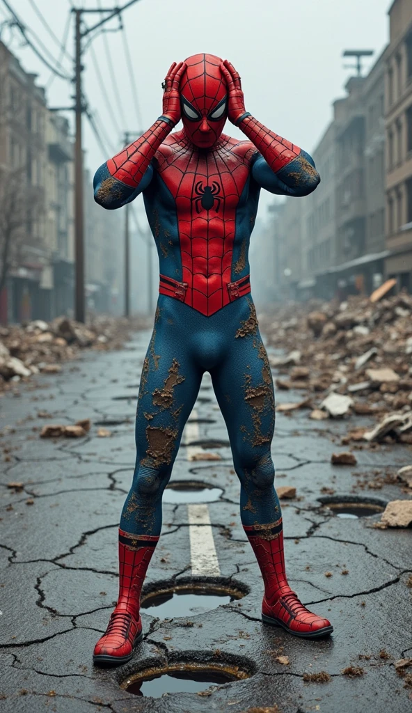 Make a picture of Spider-Man who is very badly injured because he has just fought.