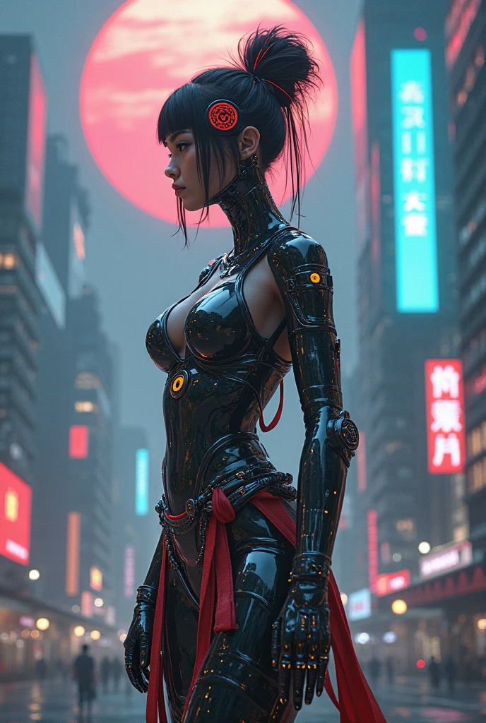 aerial view of a sprawling Cyberpunk cityscape, towering skyscrapers, neon lights, and holographic billboards. futuristic, high-tech and grunge elements. In the foreground, a female Geisha robot, mechanical joints and LED facial markings, in a futuristic version of a Geisha's kimono, adorned with digital patterns or neon accents. Matrix style, at night, extreamly dark sky, (1girl, solo), photo realistic, (large-breast:1.2 slim body, cleavage), (((sling bra top, extreamly short pleated (((miniskirt))) exposing panty))), (((((matrix style black sunglasses))))), (((((slightly leaning forward, aiming at camera with a (short gun), looking at camera))))), (((half-body (thigh level) medium shot))), (cinematic lighting).