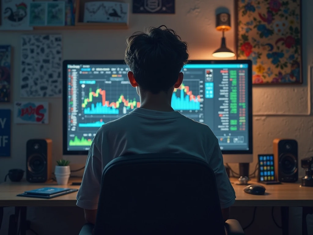 A boy of age 17 years sitting on a gaming chair and sees on a computer screen. The Indian stock Market Chart is going on the computer Screen.