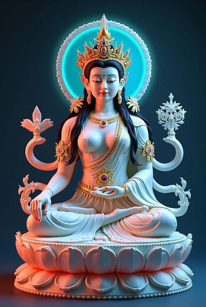1 goddess Bodhisattva in a lotus sitting position,smiling at her lips,Gorgeous flowing hair,sportrait,(Skin is smooth and natural),Hair hanging down the shoulders,A gorgeous crown on the head,The hair is stuck in a lot of gorgeous gold,necklac,There are a lot of yingluo hanging on the body,inlaid gemstones,Arm,bangle,Ankles,sitting on a lotus flower,Hold a lotus flower in your left hand,The right hand shows the palm of the hand, and the five fingers are juxtaposed,Beautiful big eyes looking at the audience,Small to medium chest,Bodhisattva in white,All clothing decoration is white silk,(((white clothes)))),(hightquality),photorealestic,(oilpainting),yoga pose, padmasana, sukhasana, in meditation posture, in meditation posture, Lotus pose, meditative sacral pose, Beauty Goddess Meditation, middlebreasts, inspired by Lubin Baugin, Meditating, yoga meditation pose, meditating in lotus position 。Round light with rainbow in the background,Light,The blue sky is cloudless,The background is clean and bright,The picture is pure and clean,Goddess of Light, IG model | Art germ, beautiful celestial mage, a beautiful fantasy empress,。Alphonse Mucha's,(realisticlying:1.4),intrikate,A detailed, (Good anatomy,good proportions,well-composed,Award-Awarded,Best Quority,a masterpiece of:1.45),Good highlights,Good shadows,Volumetriclighting,Light theme,(mature adult:1.3),Ultra-high sharpness,