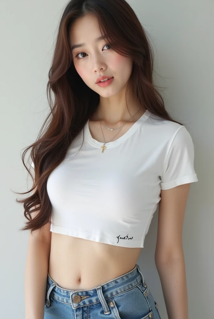 Close-up of a Southeast Asian woman with a round face., ,ผมหางม้าlong hair,float up, black eyes, staring at the viewer, abdominal muscles, shiny body, Large chest 36 inches, morning sun, ((face details)), Double eyelids, realistic, Masterpiece, Highest quality, lens flare, shade, [[Chromatic aberration, digital painting, 8K, 45,000,000,000 pixels,, t-shirt, long hair,black eyes,abdominal muscles, The body is beautiful and strong., rounded chest, (digital painting, HDR, high contrast
