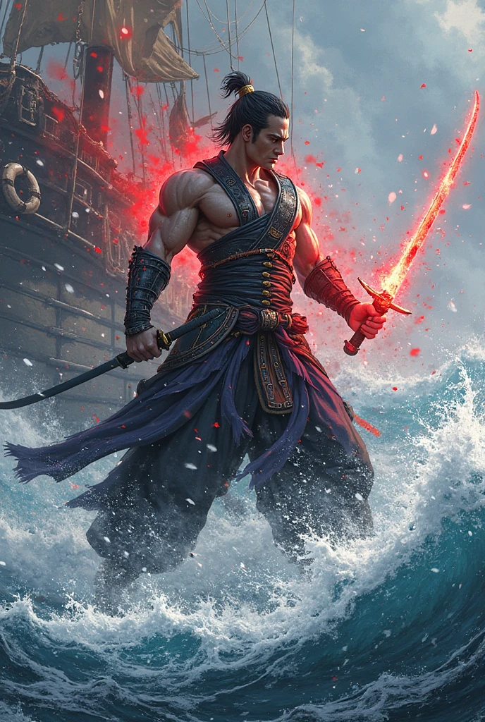 Shirtless athletic man katana ninja 8k HD